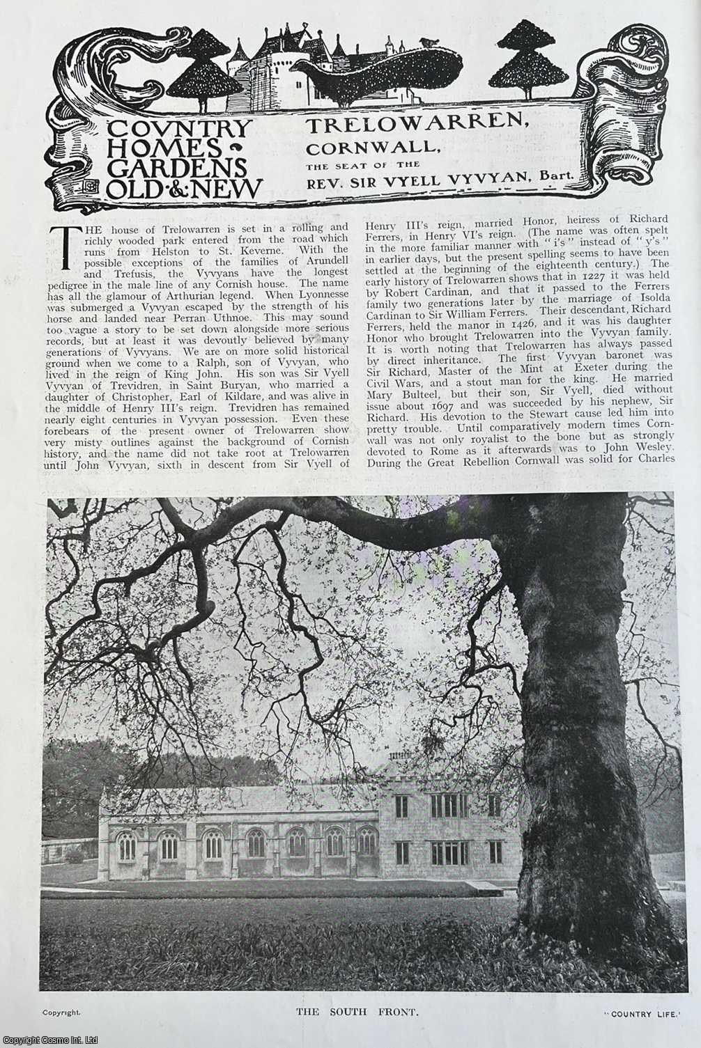 Country Life Magazine - Trelowarren, Cornwall. The Seat of the Rev. Sir Vyell Vyvyan, Bart. Several pictures and accompanying text, removed from an original issue of Country Life Magazine, 1916.