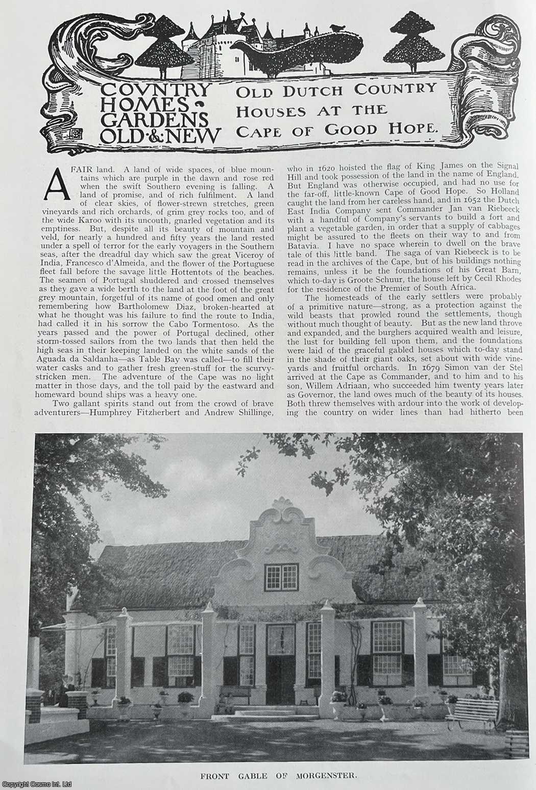 Country Life Magazine - Old Dutch Country Houses at The Cape of Good Hope. Several pictures and accompanying text, removed from an original issue of Country Life Magazine, 1914.