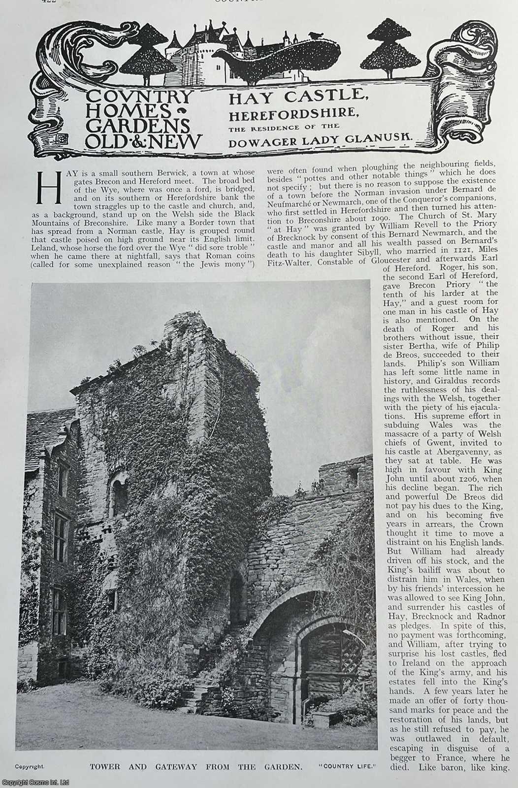 Country Life Magazine - Hay Castle, Herefordshire. The Residence of the Dowager Lady Glanusk. Several pictures and accompanying text, removed from an original issue of Country Life Magazine, 1914.