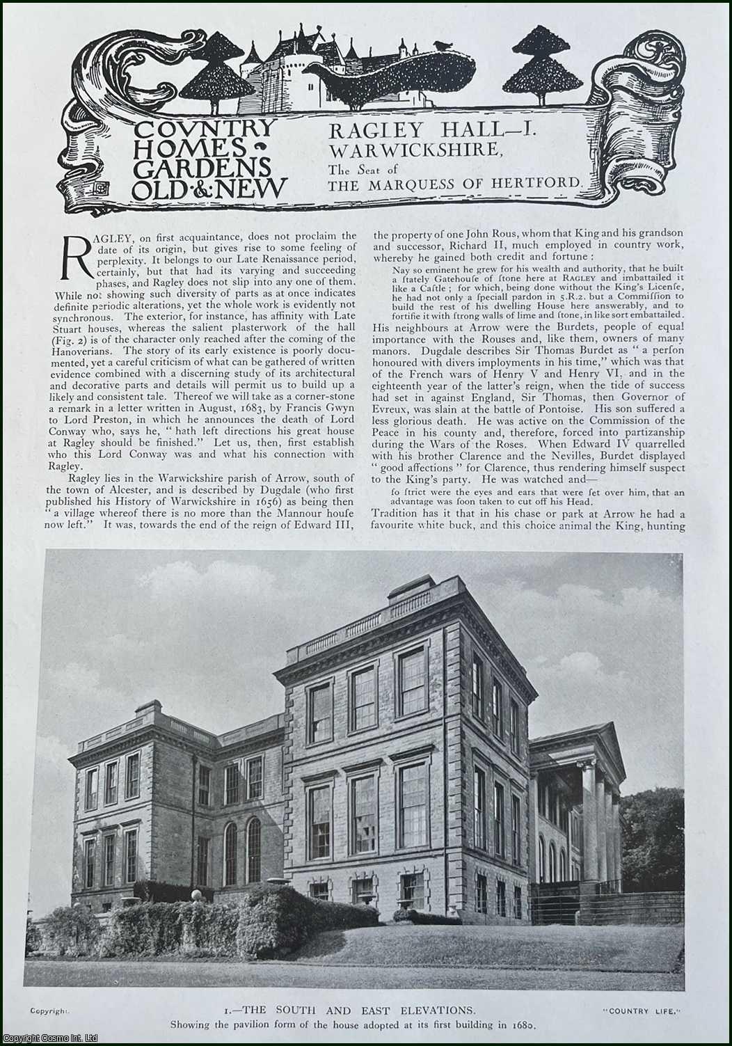 Country Life Magazine - Ragley Hall, Warwickshire. The Seat of The Marquess of Hertford. Several pictures and accompanying text, removed from an original issue of Country Life Magazine, 1924.