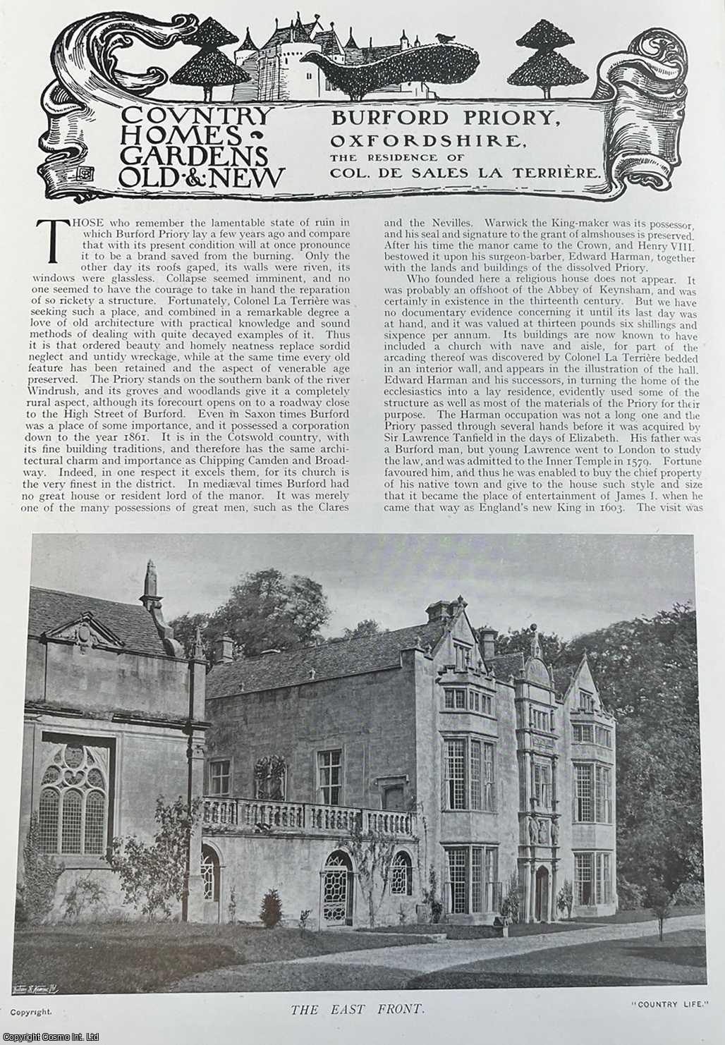 Country Life Magazine - Burford Priory, Oxfordshire. The Residence of Colonel De Sales La Terriere. Several pictures and accompanying text, removed from an original issue of Country Life Magazine, 1911.