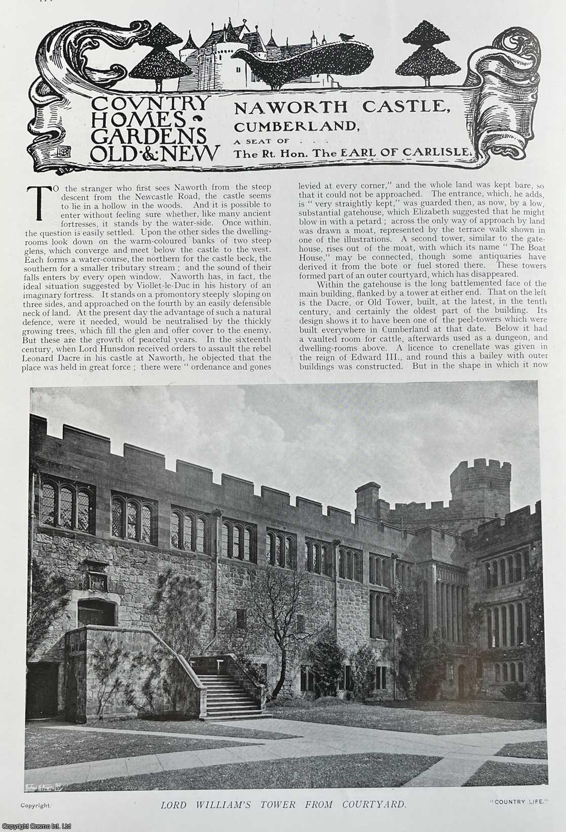 Country Life Magazine - Naworth Castle, Cumberland. A Seat of The Right Hon. The Earl of Carlisle. Several pictures and accompanying text, removed from an original issue of Country Life Magazine, 1911.