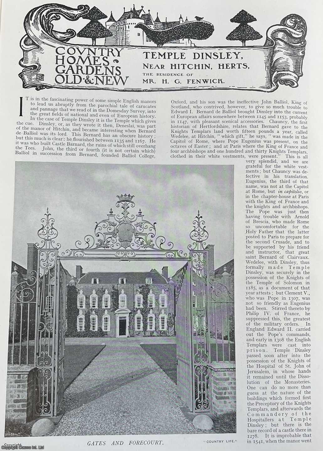 Country Life Magazine - Temple Dinsley, Near Hitchin, Hertfordshire. The Residence of Mr. H.G. Fenwick. Several pictures and accompanying text, removed from an original issue of Country Life Magazine, 1911.