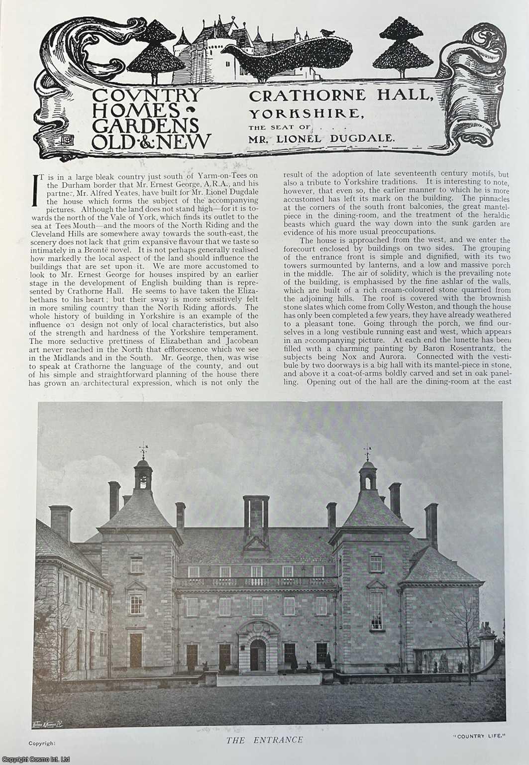 Country Life Magazine - Crathorne Hall, Yorkshire. The Seat of Mr. Lionel Dugdale. Several pictures and accompanying text, removed from an original issue of Country Life Magazine, 1911.