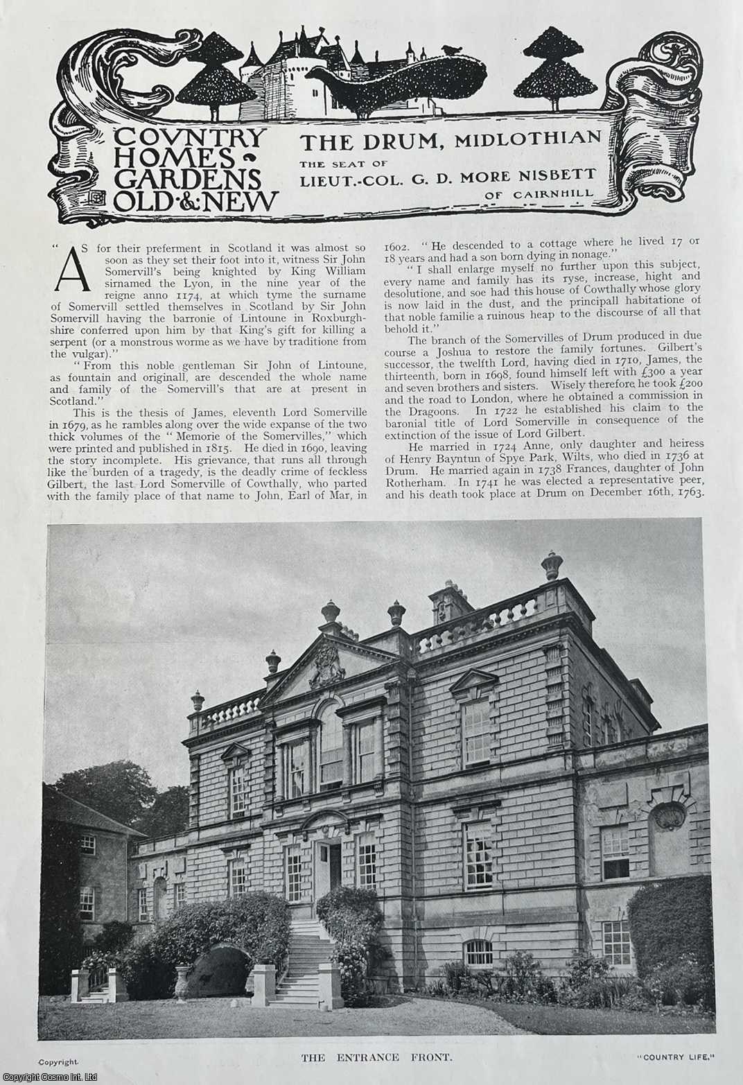 Country Life Magazine - The Drum, Midlothian. The Seat of Lieut.-Col. G.D. More Nisbett of Cairnhill. Several pictures and accompanying text, removed from an original issue of Country Life Magazine, 1915.