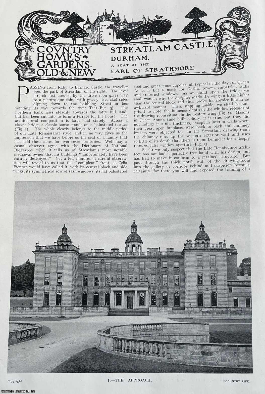 Country Life Magazine - Streatlam Castle, Durham. Several pictures and accompanying text, removed from an original issue of Country Life Magazine, 1915.