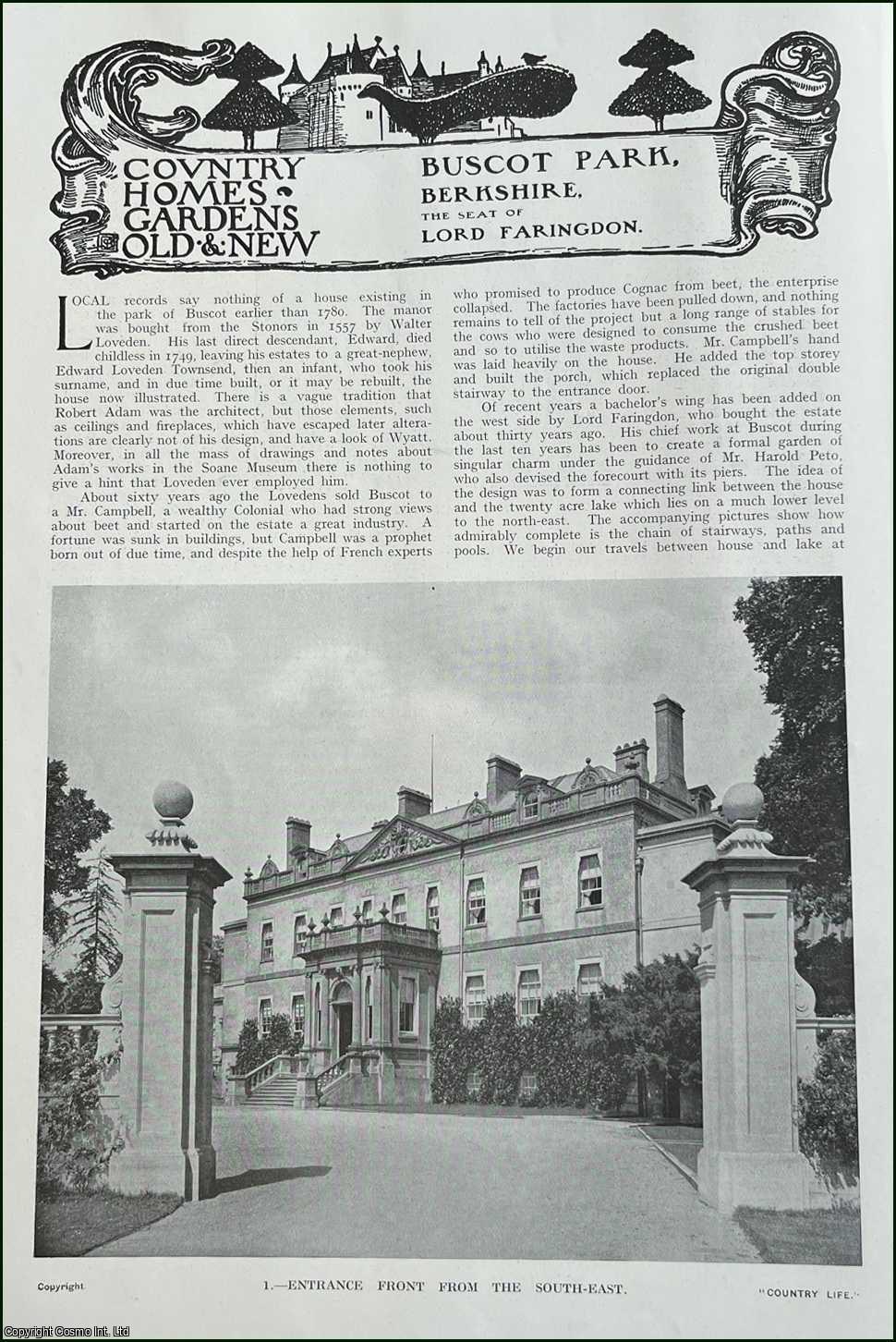 Country Life Magazine - Buscot Park, Berkshire. Several pictures and accompanying text, removed from an original issue of Country Life Magazine, 1916.
