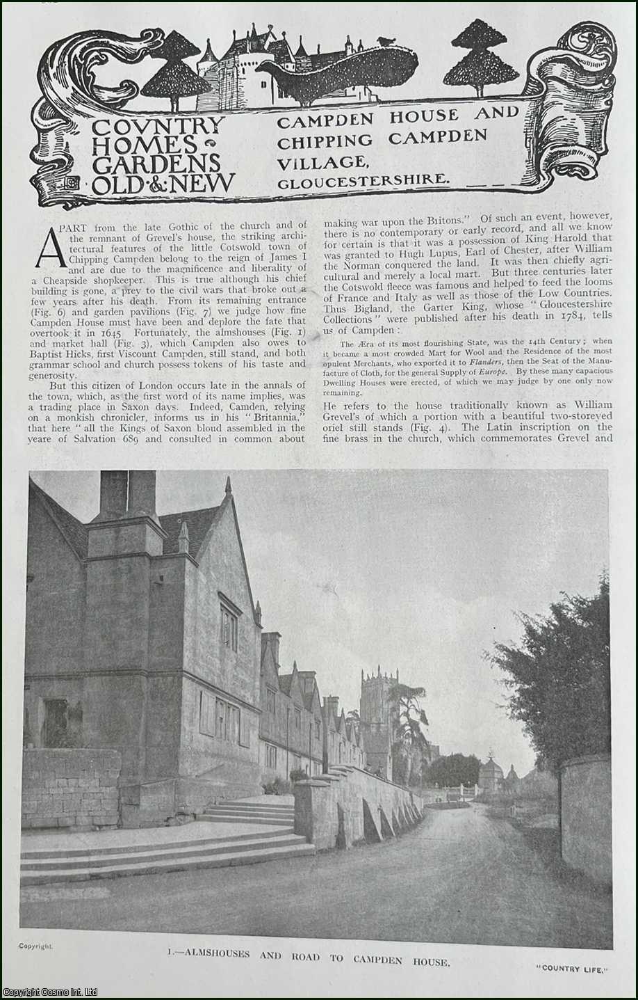 Country Life Magazine - Campden House & Chipping Campden Village, Gloucestershire. Several pictures and accompanying text, removed from an original issue of Country Life Magazine, 1916.