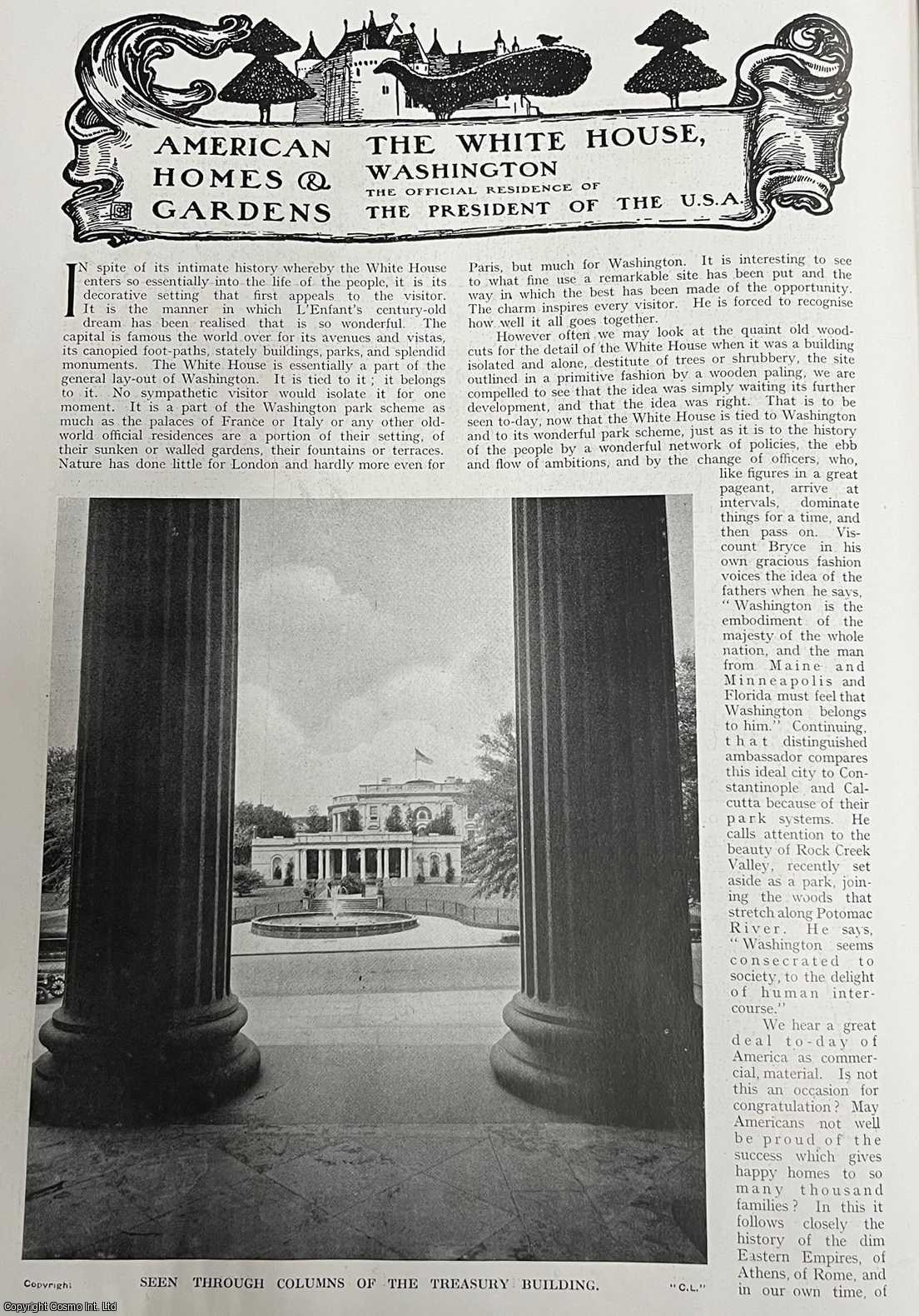 Country Life Magazine - The White House, Washington. The Official Residence of The President of the U.S.A. Several pictures and accompanying text, removed from an original issue of Country Life Magazine, 1916.