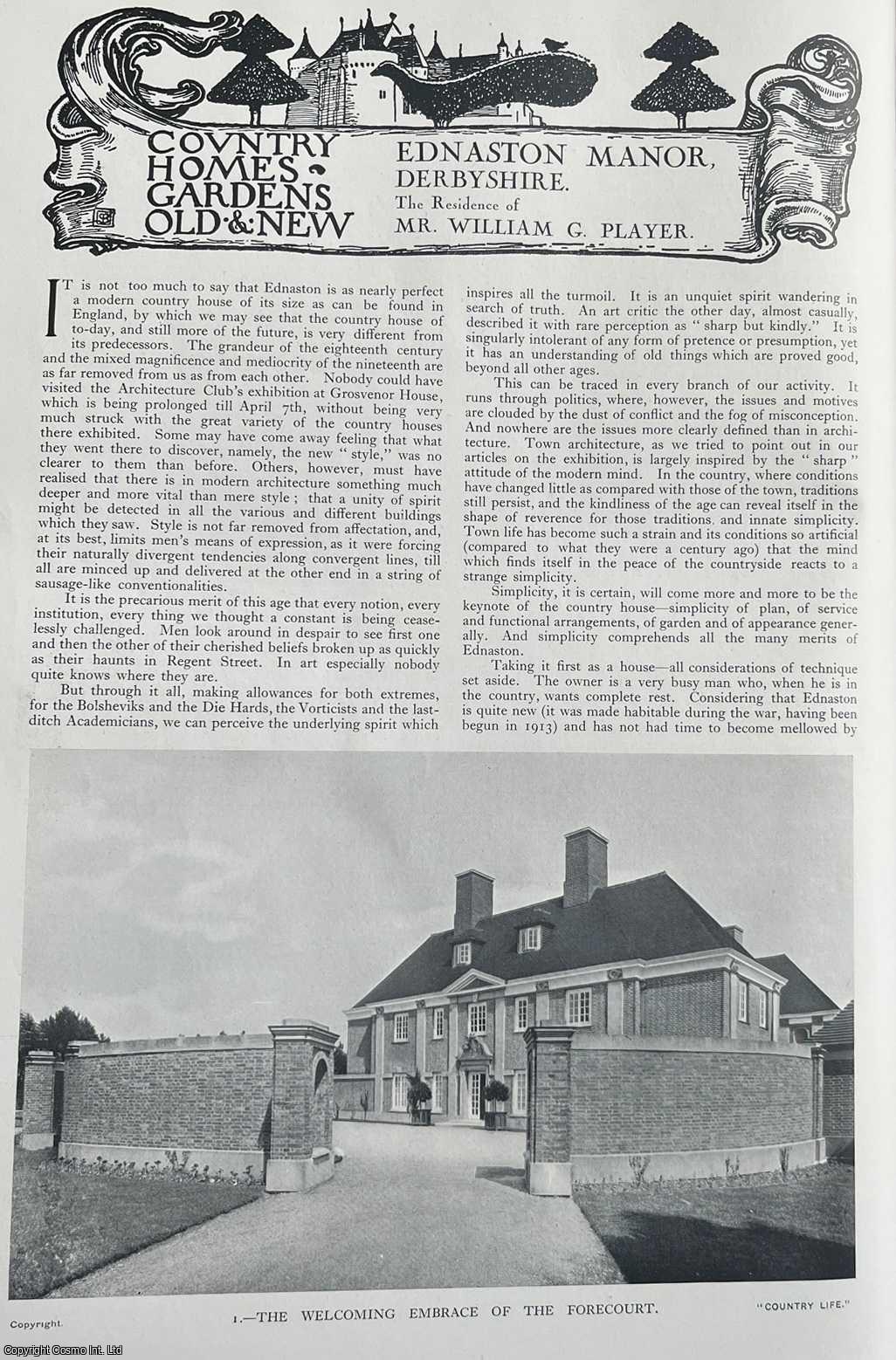 Country Life Magazine - Ednaston Manor, Derbyshire. The Residence of Mr. William G. Player. Several pictures and accompanying text, removed from an original issue of Country Life Magazine, 1923.