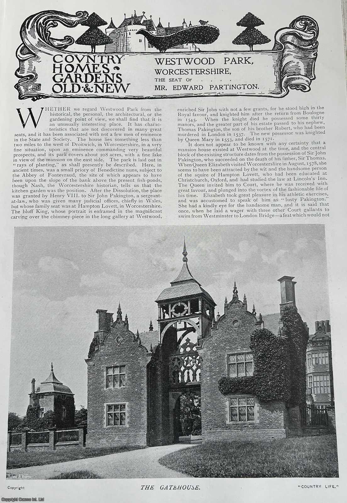 Country Life Magazine - Westwood Park, Worcestershire. The Seat of Mr. Edward Partington. Several pictures and accompanying text, removed from an original issue of Country Life Magazine, 1902.