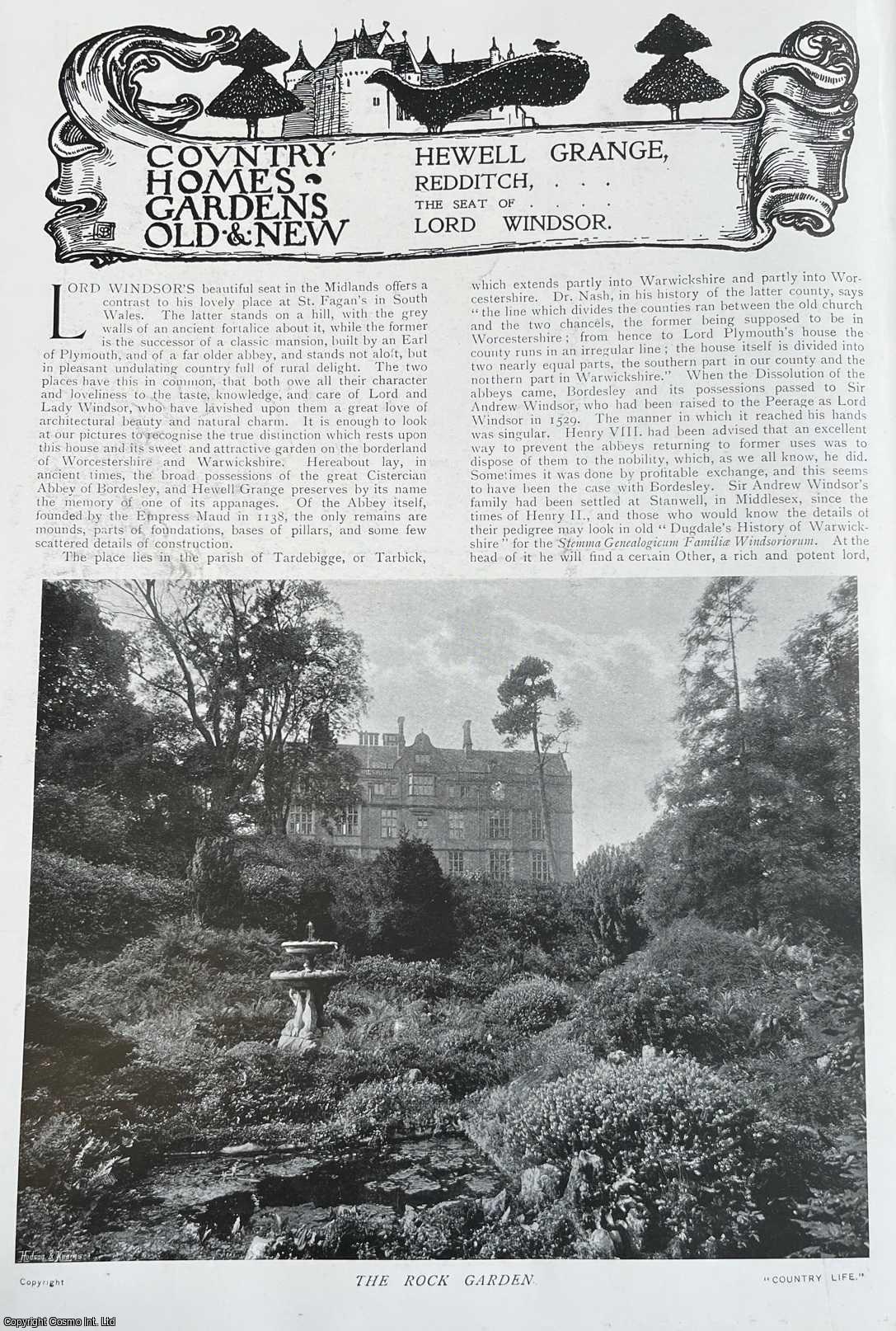 Country Life Magazine - Hewell Grange, Redditch. The Seat of Lord Windsor. Several pictures and accompanying text, removed from an original issue of Country Life Magazine, 1902.