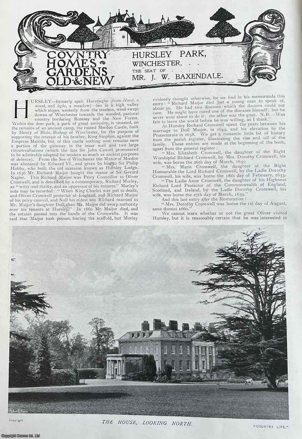 Country Life Magazine - Hursley Park, Winchester. The Seat of Mr. J.W. Baxendale. Several pictures and accompanying text, removed from an original issue of Country Life Magazine, 1902.