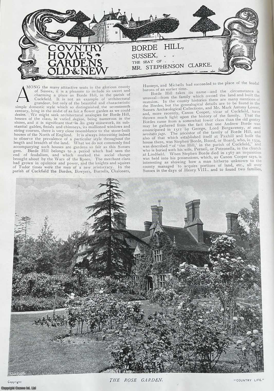 Country Life Magazine - Borde Hill, Sussex. The Seat of Mr. Stephenson Clarke. Several pictures and accompanying text, removed from an original issue of Country Life Magazine, 1902.