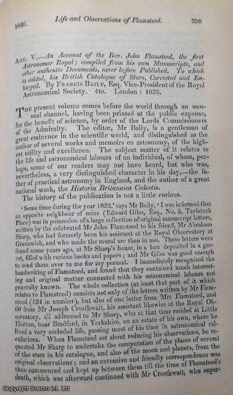 Thomas Galloway - Life and Observations of Rev. John Flamsteed, first Astronomer Royal; Newton, Halley and Flamsteed. Based on his own mss. and other documents. An uncommon original article from the Edinburgh Review, 1836.
