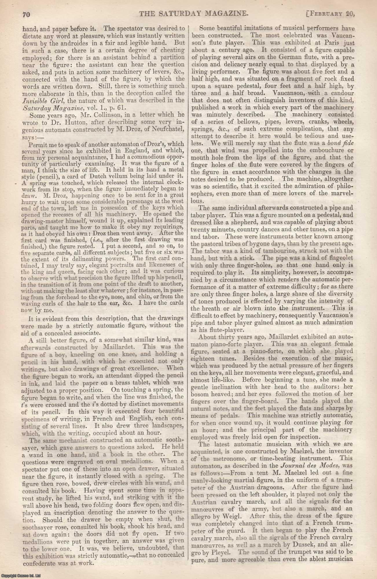 SATURDAY MAGAZINE - Automata: On Automaton Figures. Includes mention of the Digesting Duck of Vaucanson, automata clocks by Martinot, human-like figures by Maillardet and Maelzel. Two articles contained in two complete issues of The Saturday Magazine, 1841.