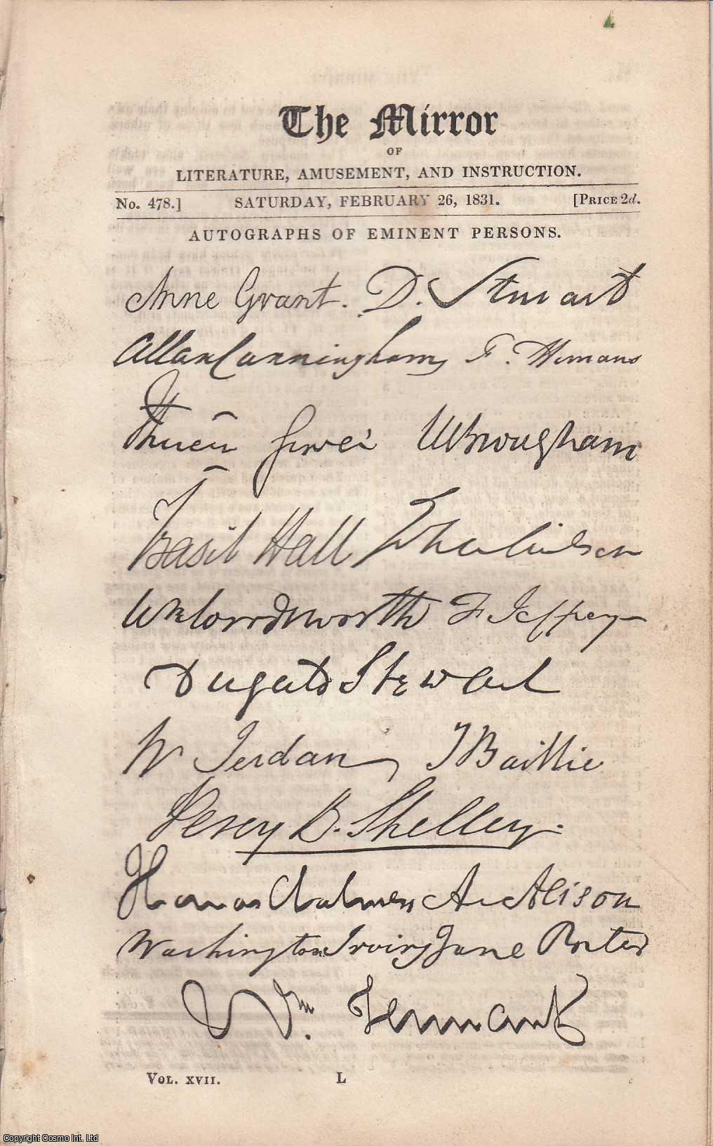 THE MIRROR OF LITERATURE, AMUSEMENT, & INSTRUCTION - Autographs of Eminent Persons, with explanatory text. In a complete issue of The Mirror, 1831.