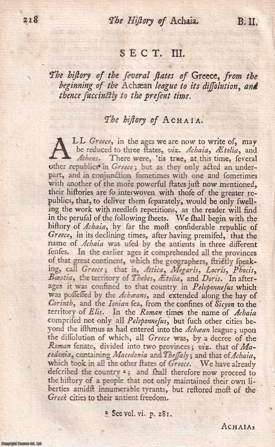 UNNAMED AUTHOR - 1748. The history of the several states of Greece, from the beginning of the Achaean league to its dissolution, and thence sussinctly to the present time. A single chapter disbound from An Universal History, from the Earliest Account of Time.