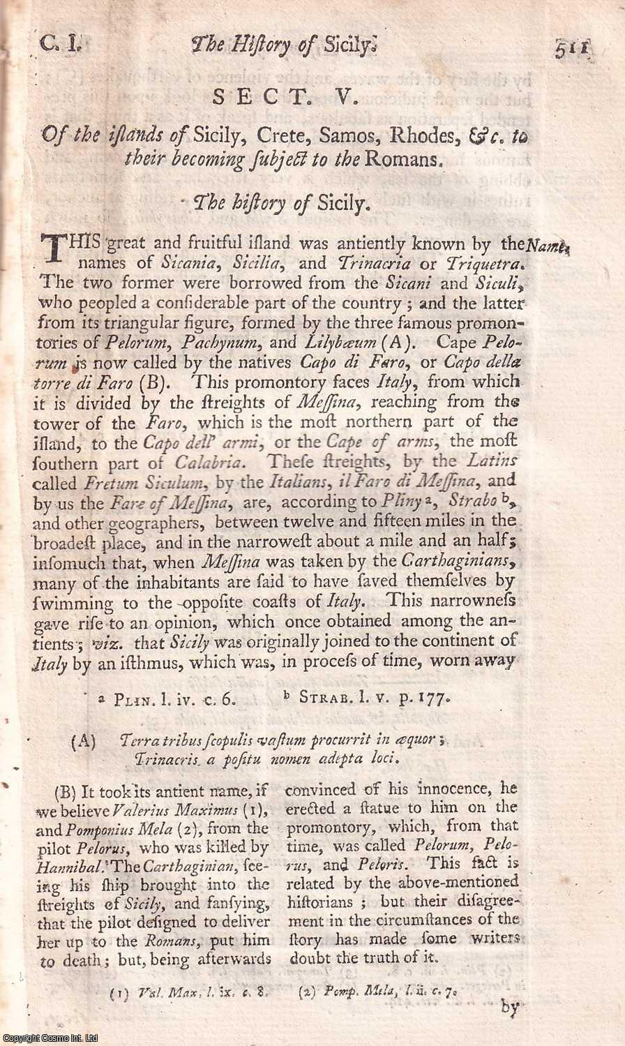 UNNAMED AUTHOR - 1748. Of the islands of Sicily, Crete, Samos, Rhodes, &c., to their becoming subject to the Romans. A single chapter disbound from An Universal History, from the Earliest Account of Time.