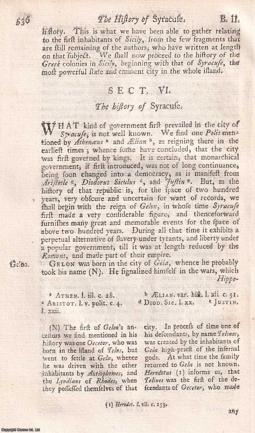UNNAMED AUTHOR - 1748. The history of Syracuse. A single chapter disbound from An Universal History, from the Earliest Account of Time.