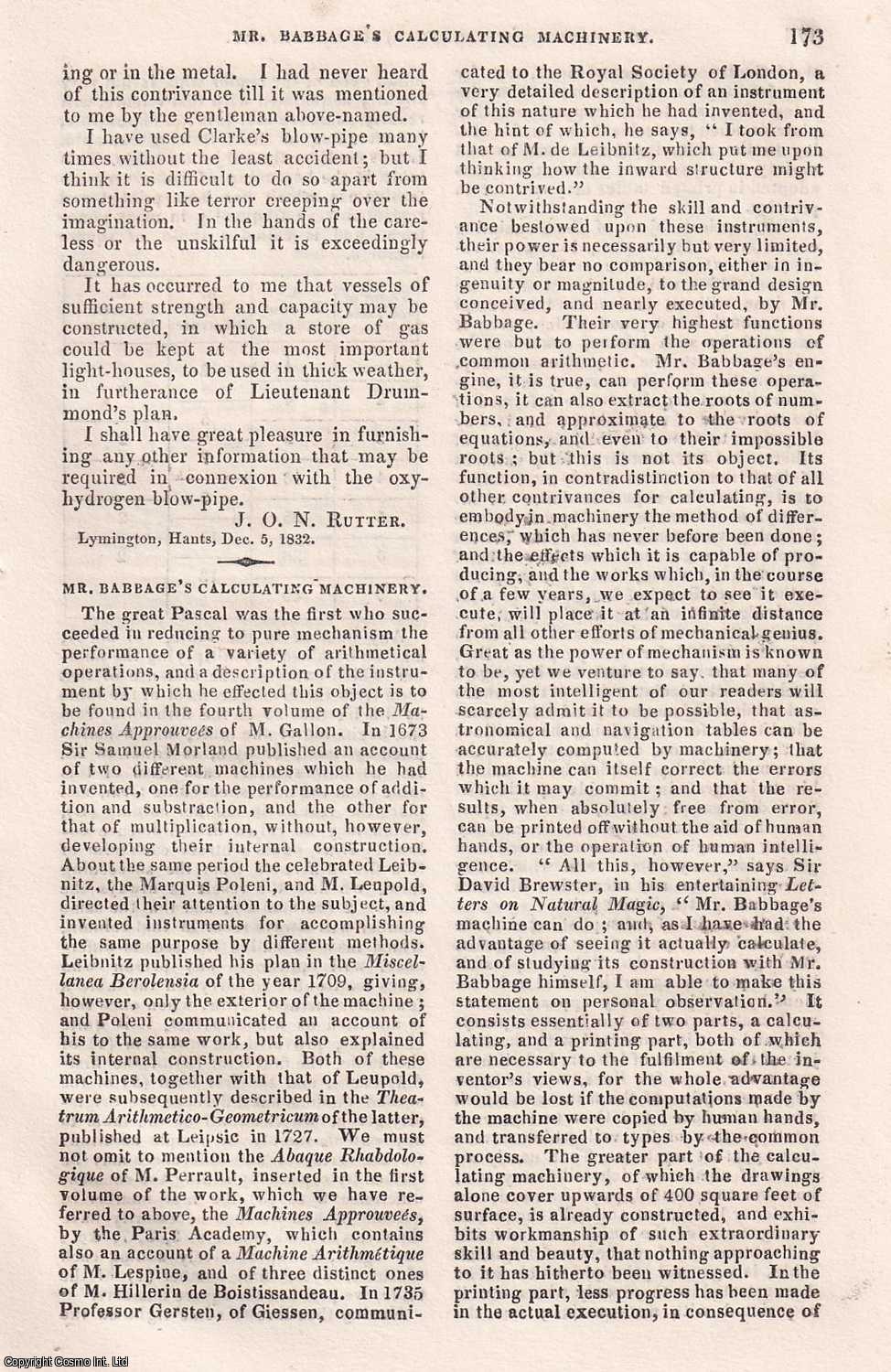 BABBAGE'S CALCULATING MACHINE - 1832. A collection of seven articles regarding Charles Babbage, contained in 6 disbound issues of the Mechanics' Magazine, December 1832 & January 1833.