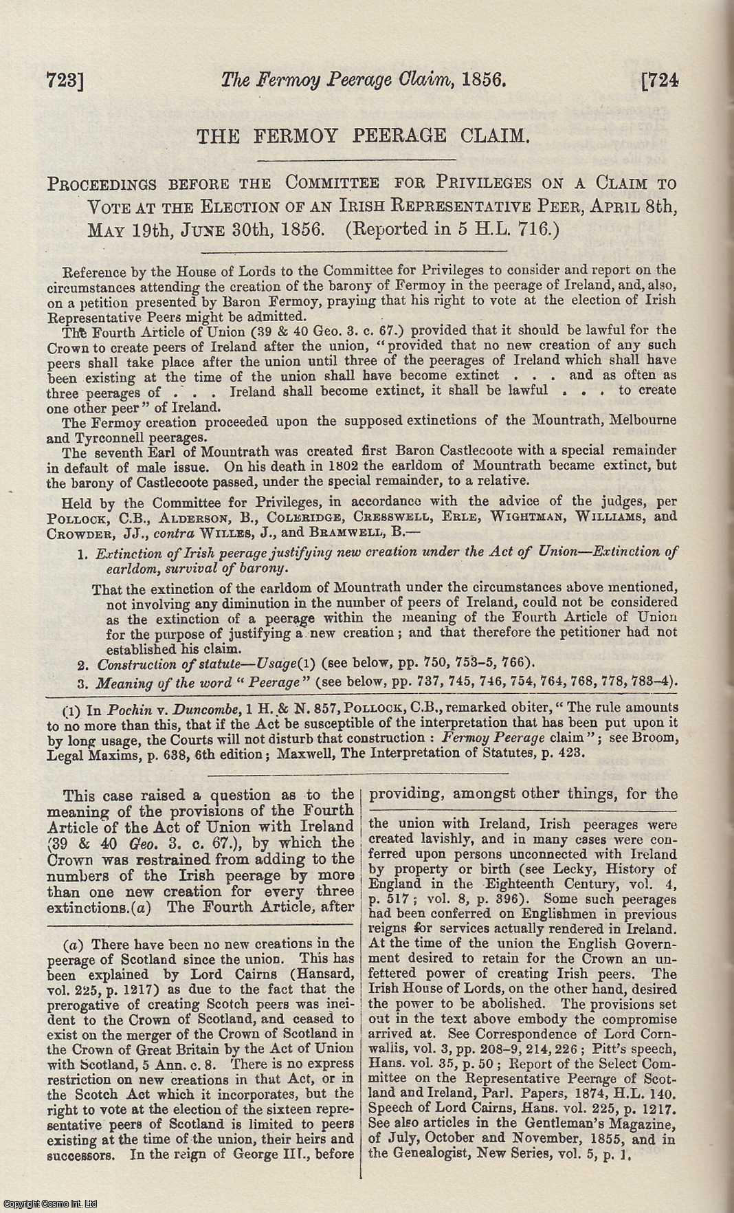 Trials - The Fermoy Peerage Claim. Proceedings before the committee for privileges on a claim to vote at the election of an Irish Representative Peer, 1856. An original article from the Reports of State Trials, New Series, HMSO, 1898.