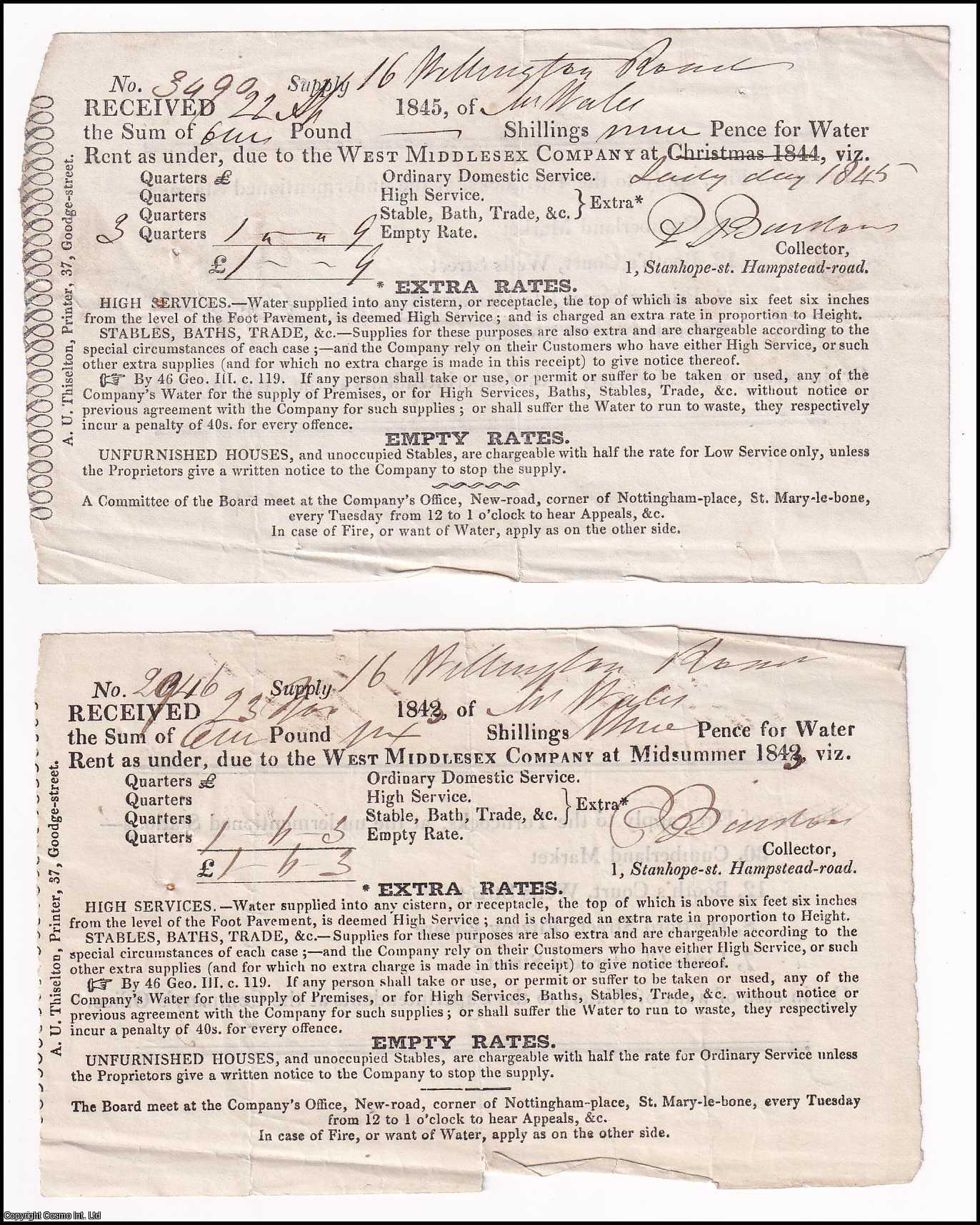 1843-45, West Middlesex Company - Water Rent Receipts, dated 1843 & 1845, paid to the West Middlesex Company. Two printed receipts, each about 4 x 6.5 inches, completed in ink.