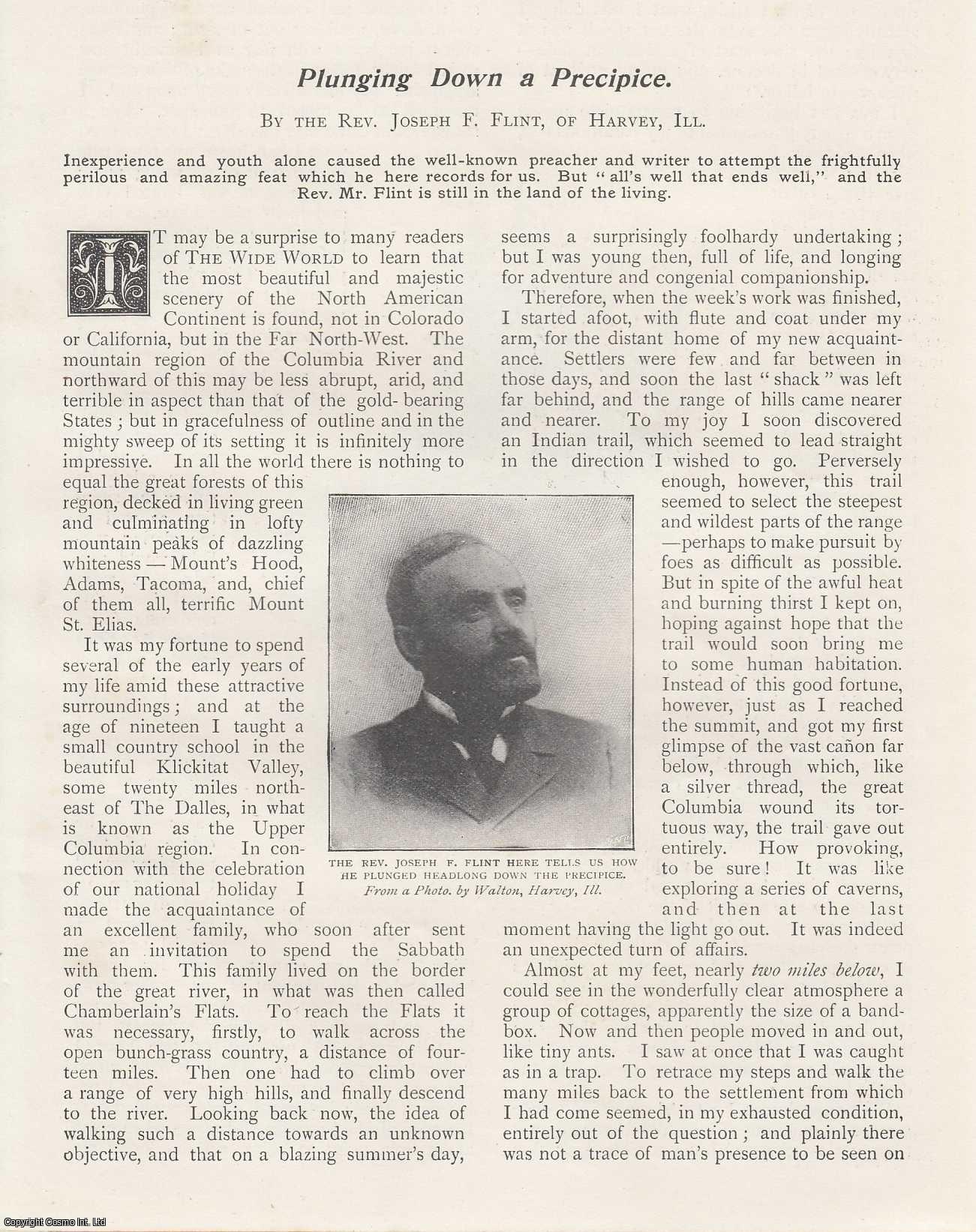 Joseph F. Flint - Plunging Down a Precipice. The mountain region of the Columbia River. An uncommon original article from the Wide World Magazine, 1899.
