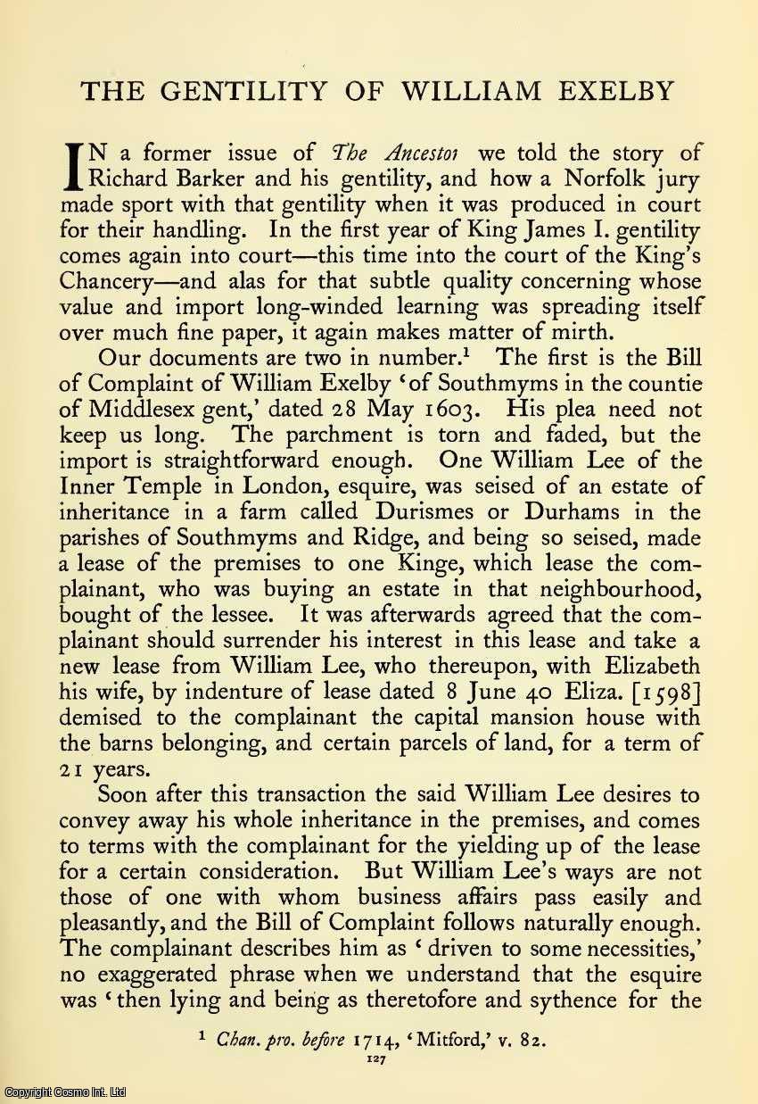 Oswald Barron - The Gentility Of William Exelby. An original article from The Ancestor, a Quarterly Review of County & Family History, Heraldry and Antiquities, 1902.
