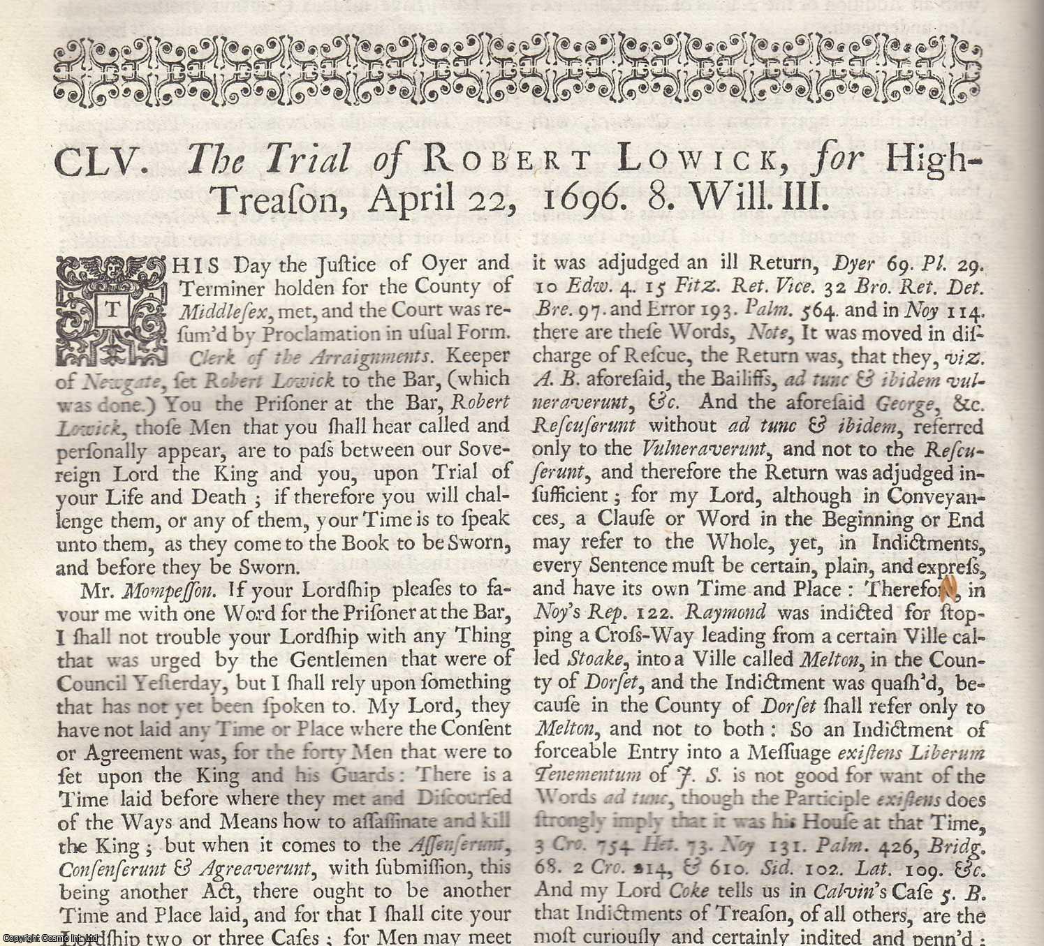 [Trial] - The Trial of Robert Lowick, for High Treason, April 22, 1696. An original article from the Collected State Trials.