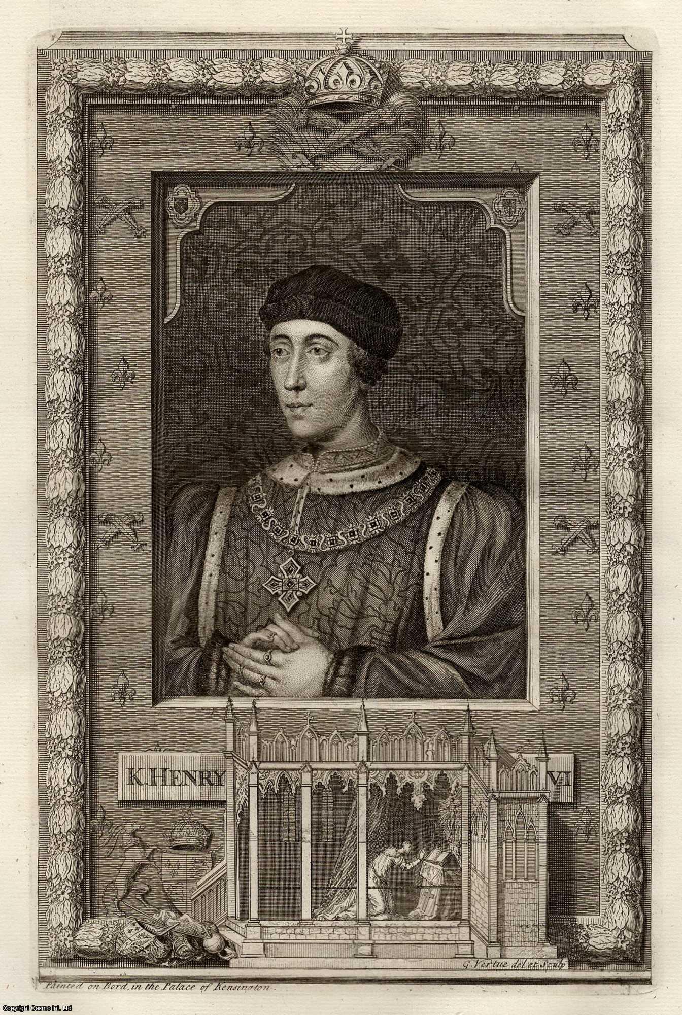 George Vertue, Engraver (1684-1756) - 1743. King Henry VI. Painted on Board in the palace of Kensington. Engraved by George Vertue. This is an original 279 year old copper engraving separated from Rapin de Thoyras' History of England, London, printed 1743.