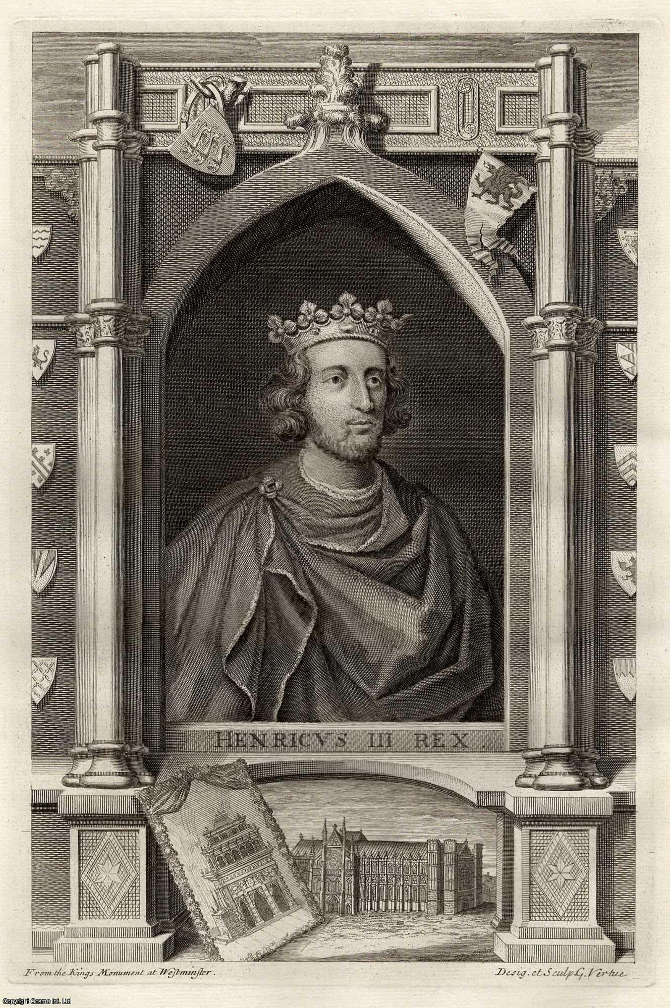 George Vertue, Engraver (1684-1756) - 1743. King Henry III. From the King's Monument at Westminster. Engraved by George Vertue. This is an original 279 year old copper engraving separated from Rapin de Thoyras' History of England, London, printed 1743.