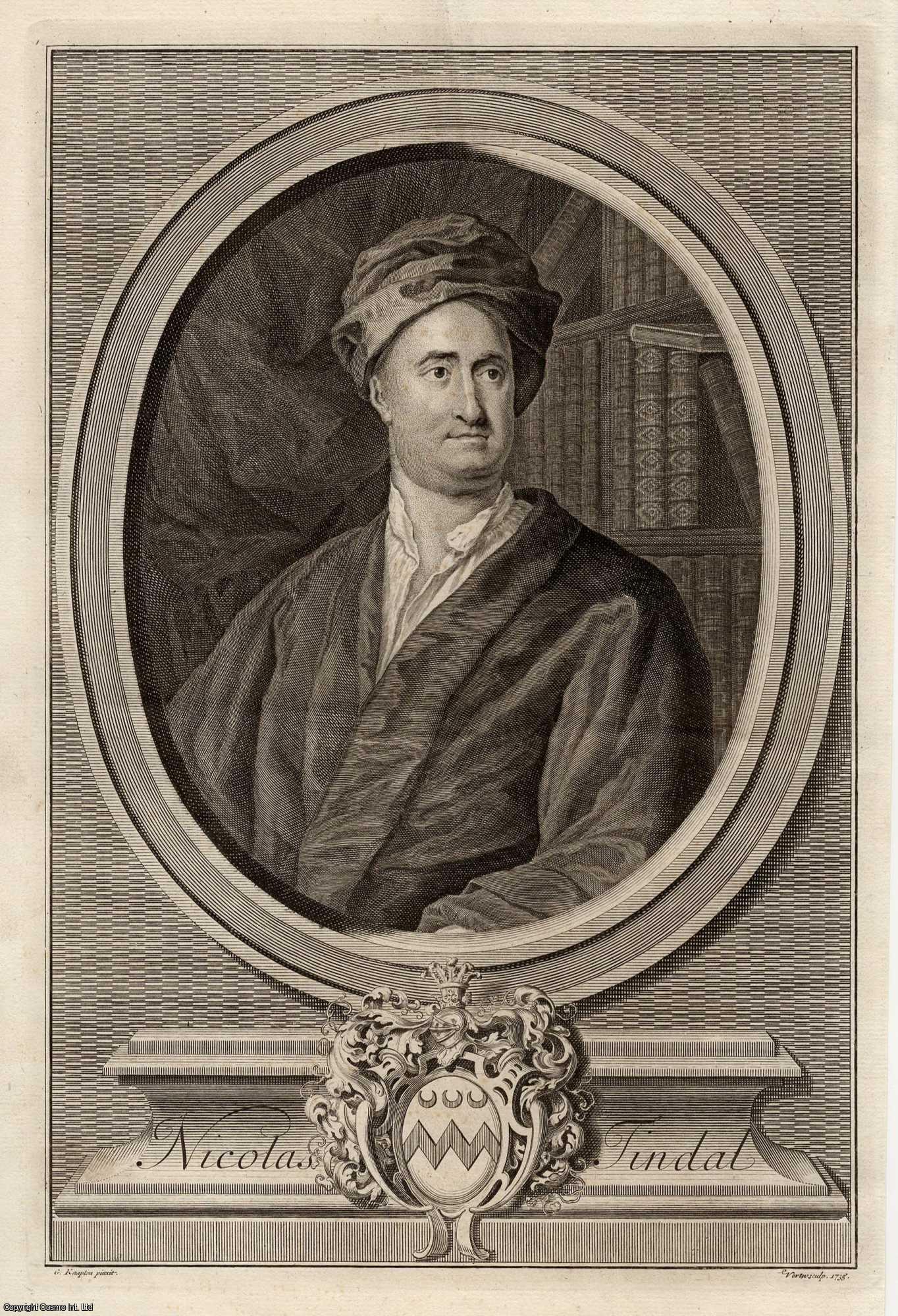 George Vertue, Engraver (1684-1756) - 1743. Nicolas Tindal. Translater of Rapin de Thoyras' History of England. Engraved by George Vertue, 1735. This is an original 279 year old copper engraving separated from Rapin de Thoyras' History of England, London, printed 1743.