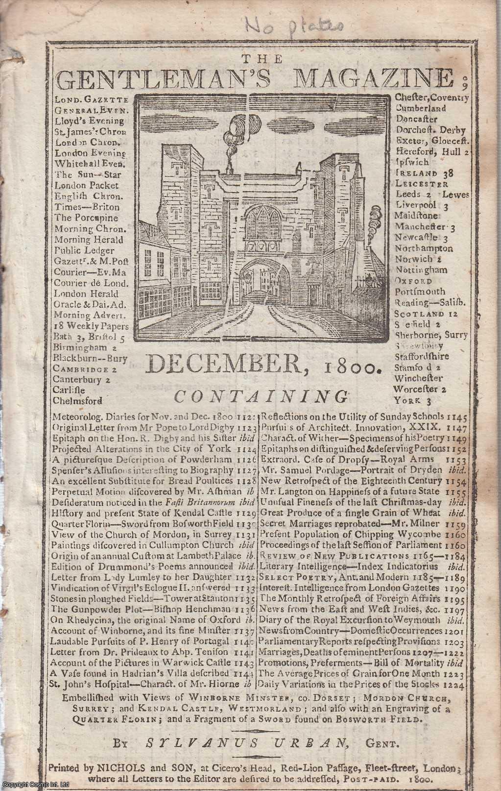 Sylvanus Urban - The Gentleman's Magazine for December 1800. A original original monthly issue of the Gentleman's Magazine, 1800.