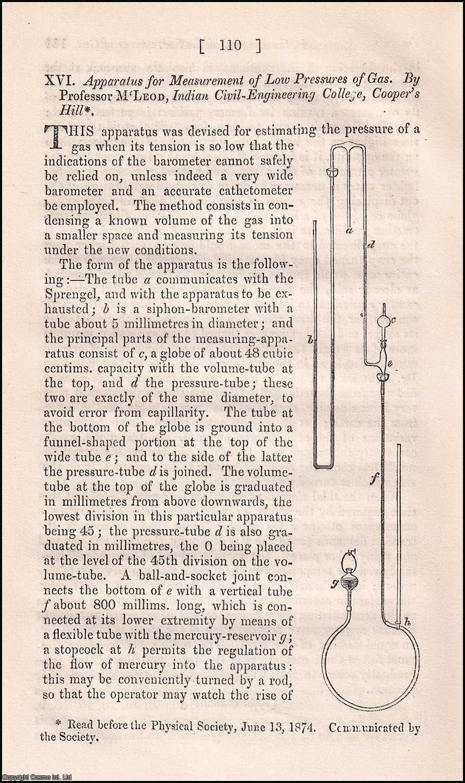 Prof. McLeod, Indian Civil-Engineering College, Cooper's Hill - Apparatus for Measurement of Low Pressures of Gas. An original article from The London, Edinburgh, and Dublin Philosophical Magazine and Journal of Science, 1874.