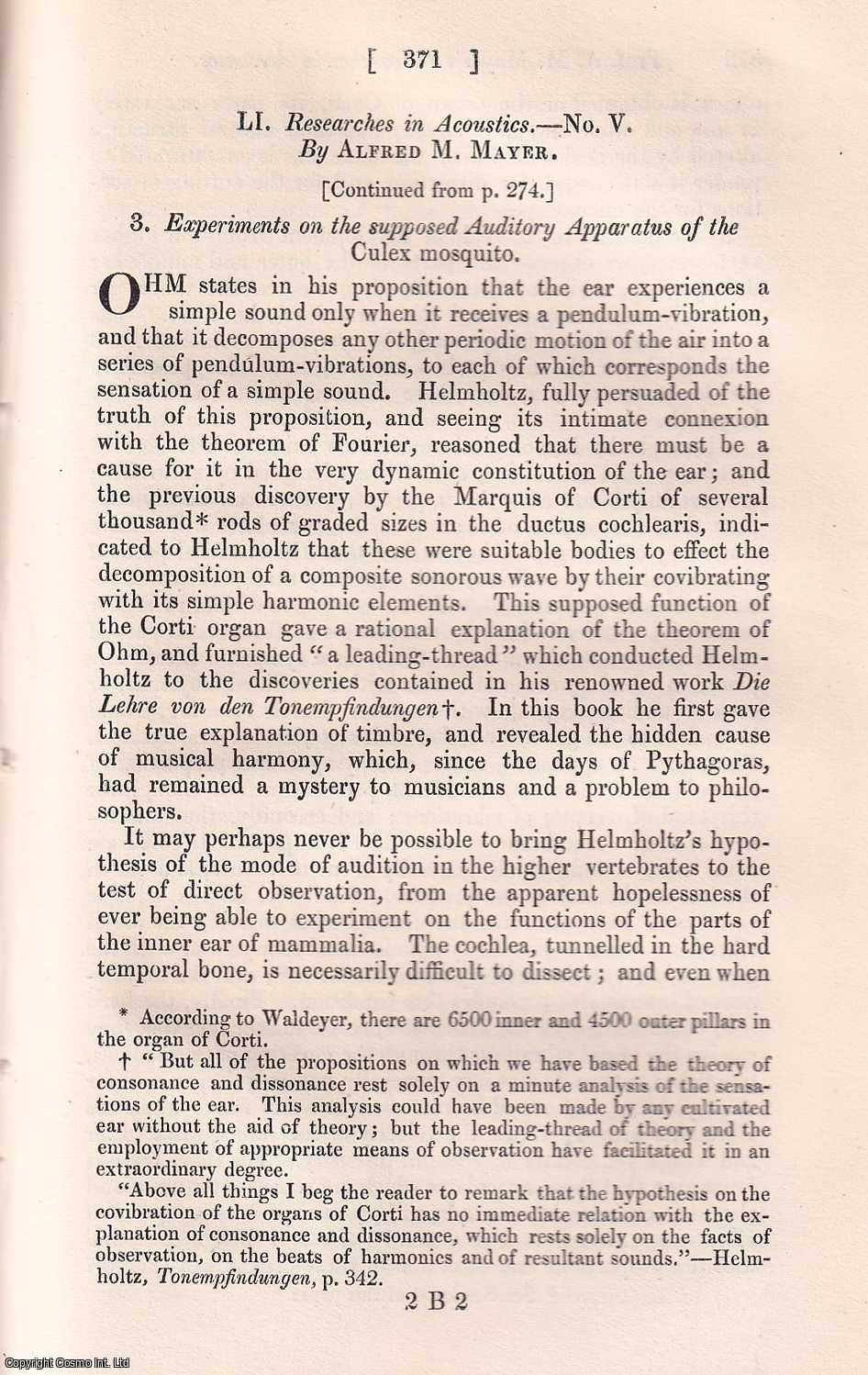Alfred M. Mayer - Experiments on the supposed Auditory Apparatus of the Culex mosquito. An original article from The London, Edinburgh, and Dublin Philosophical Magazine and Journal of Science, 1874.