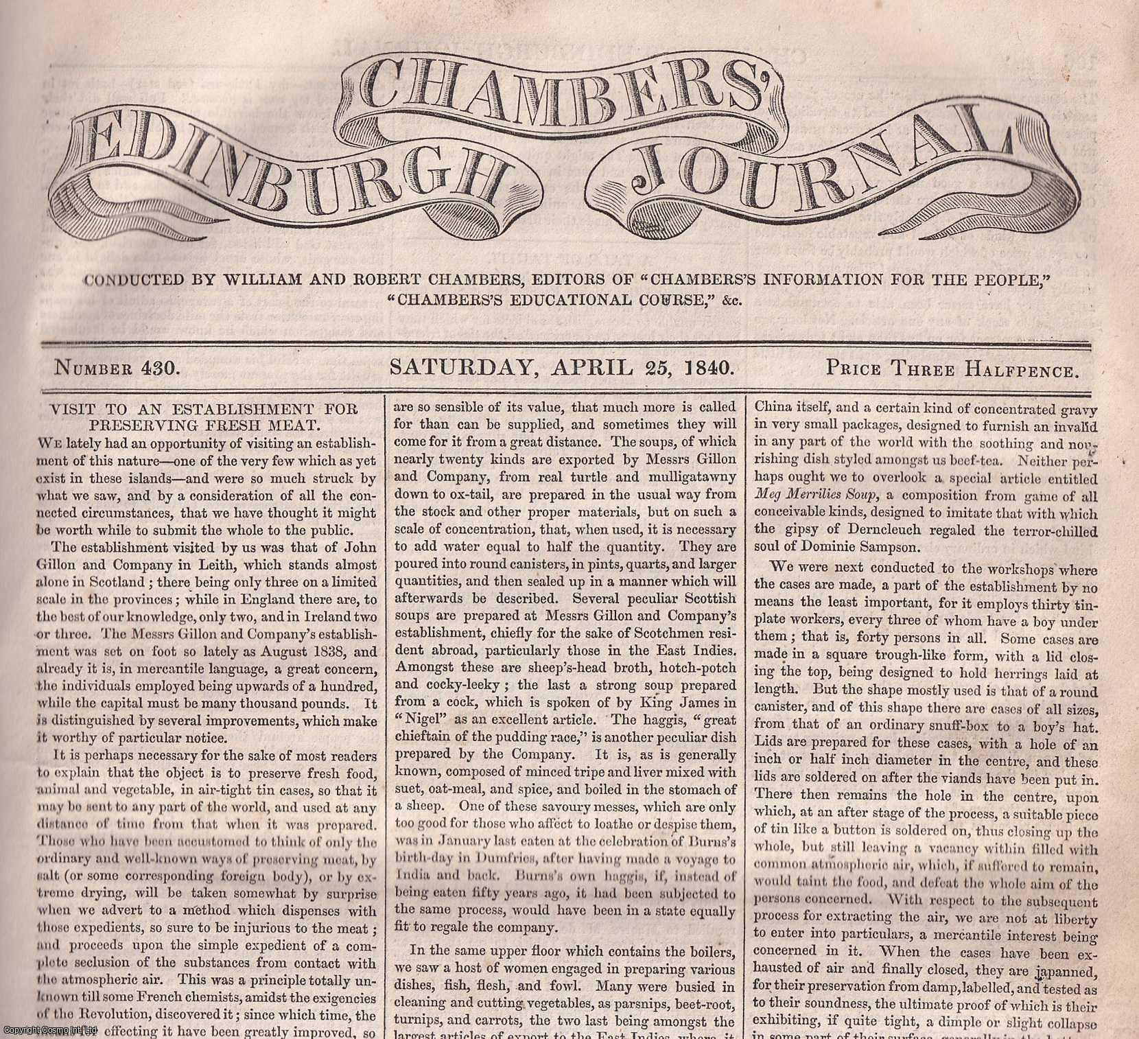 Chambers' Edinburgh Journal - A Visit to an Establishment for Preserving Fresh Meat. John Gillon & Co. in Leith, one of only 3 such companies in Scotland.