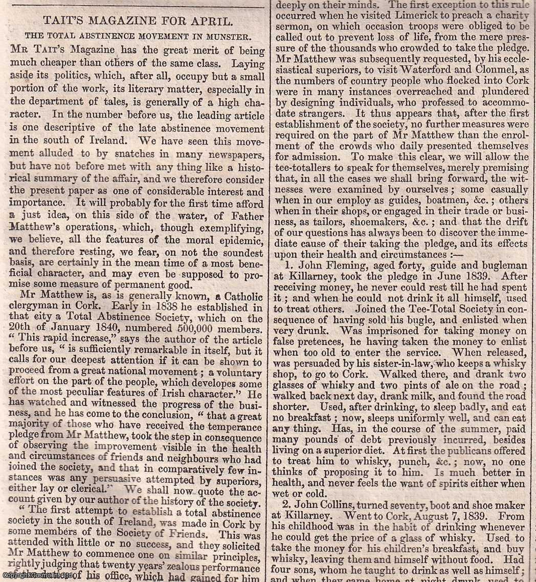 Chambers' Edinburgh Journal - The Total Abstinence Movement in Munster, set up by Father Matthew, a Catholic priest in Cork, as described in Tait's Magazine for April.