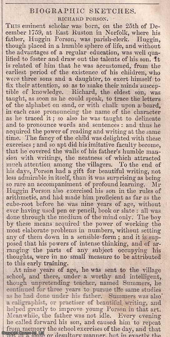 Chambers' Edinburgh Journal - A Biographic Sketch of Richard Porson, a remarkable 18th century scholar , the son of a parish clerk in Norfolk.