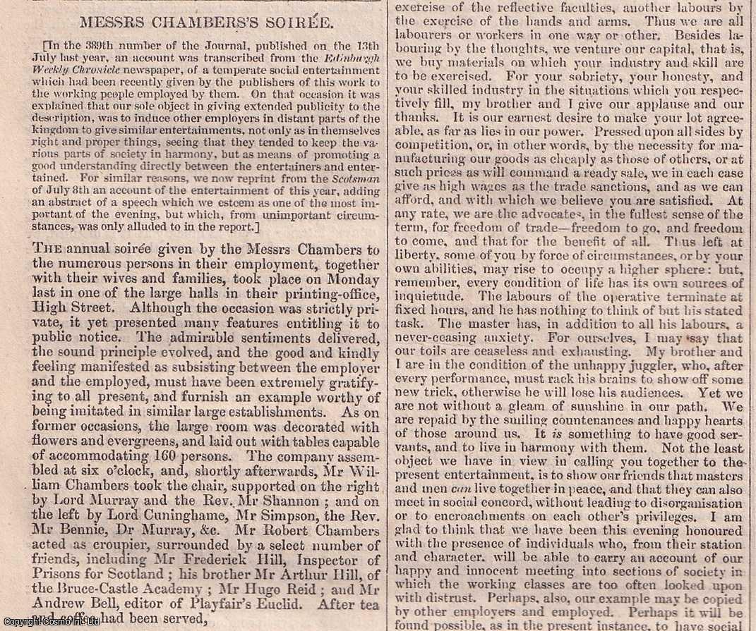 Chambers' Edinburgh Journal - Messrs Chambers's Soiree. An account of the publishers' entertainment for their workers, with an abstract of a speech by Mr. William Chambers and the replies received.