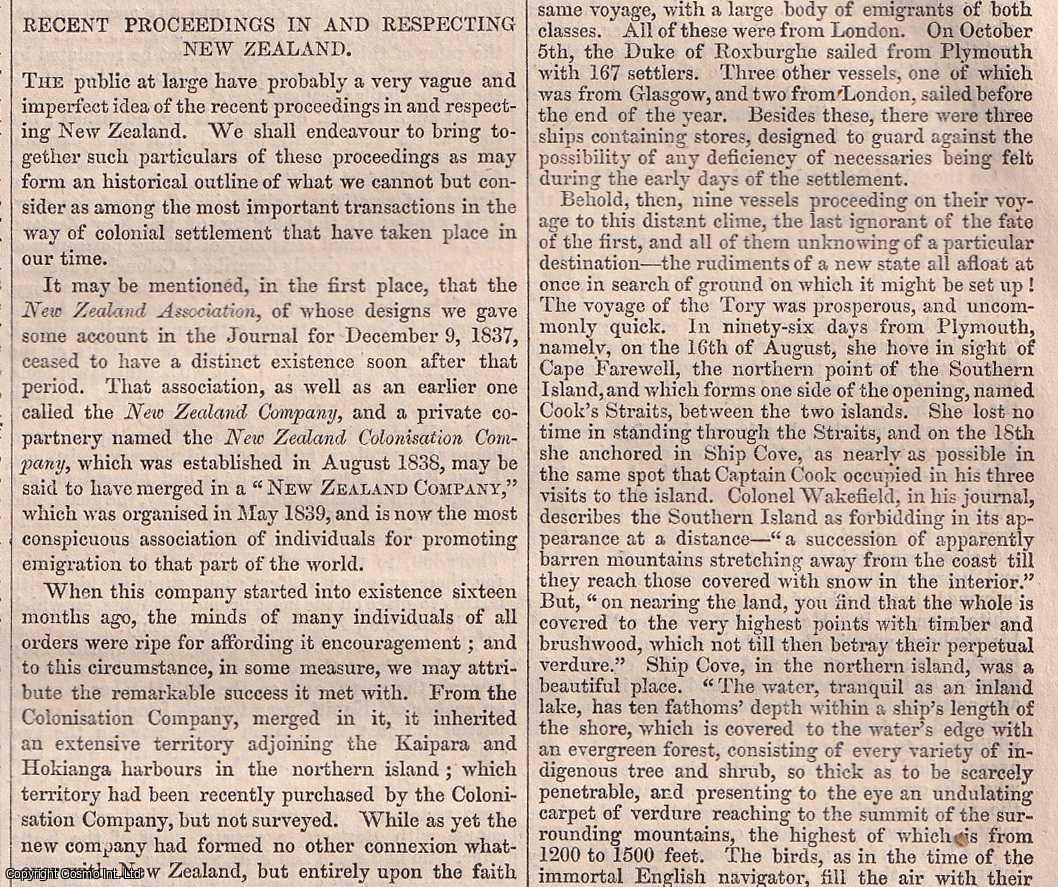 Chambers' Edinburgh Journal - New Zealand. Recent Proceedings in and Respecting, based on the diaries of Colonel Wakefield of the New Zealand Company, which promoted emigration to the country.