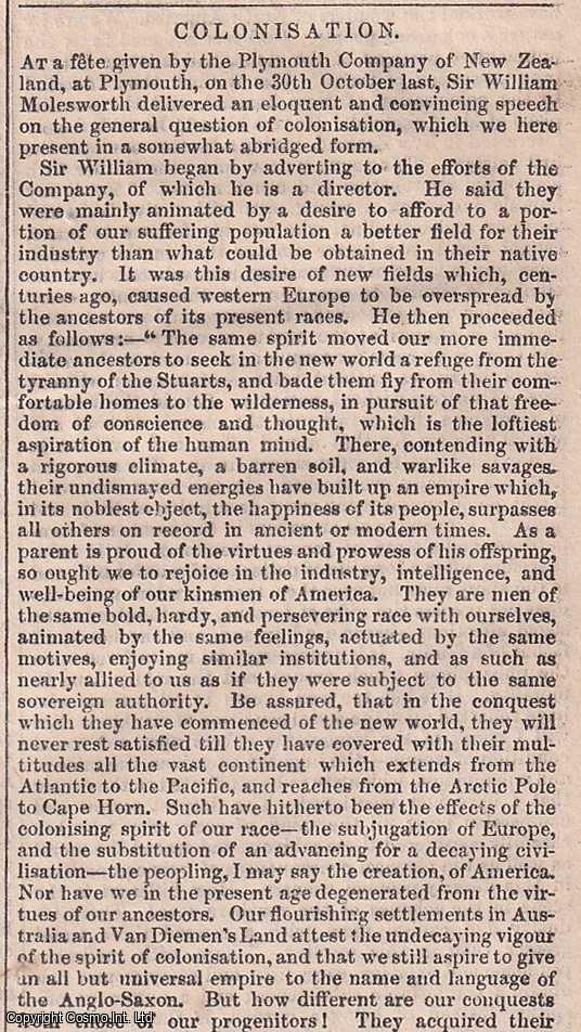 Chambers' Edinburgh Journal - The Plymouth Company of New Zealand; A Speech by Sir William Molesworth on Colonisation.