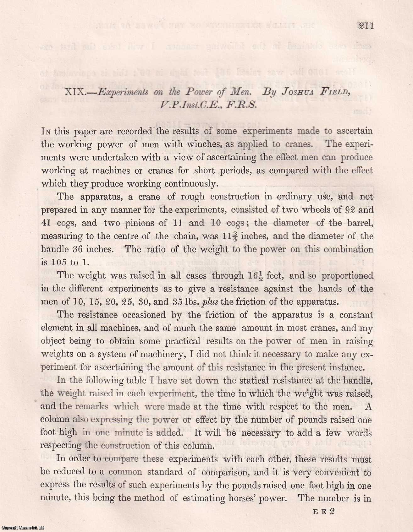 Joshua Field, V.P.Inst.C.E., F.R.S. - Experiments on The Power of Men. An article from the Institution of Civil Engineers, 1842.
