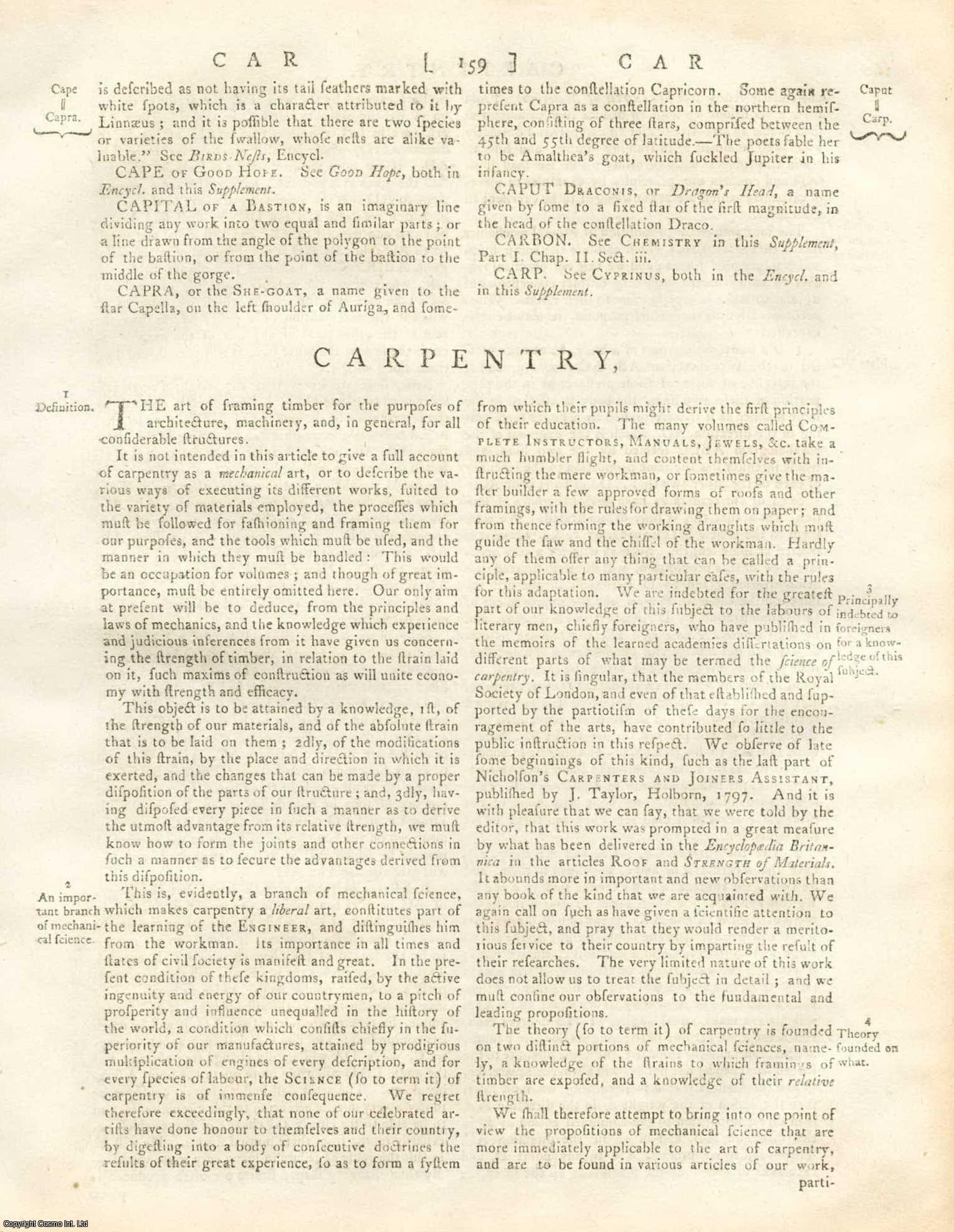 John Robison FRSE (1739-1805), British physicist & mathematician. Professor of natural philosophy. - Carpentry. The art of framing timber for the purposes of architecture, and machinery. A rare original article from the Encyclopaedia Britannica, 1797.