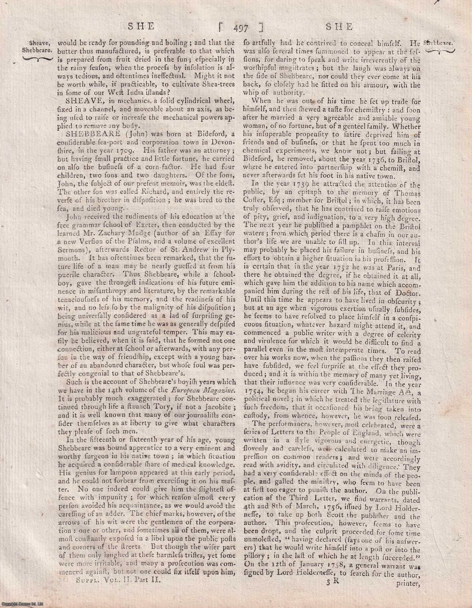 George Gleig (editor) - John Shebbeare (1709 - 1799), British Tory political satirist. A rare original article from the Encyclopaedia Britannica, Dublin Edition 1797.