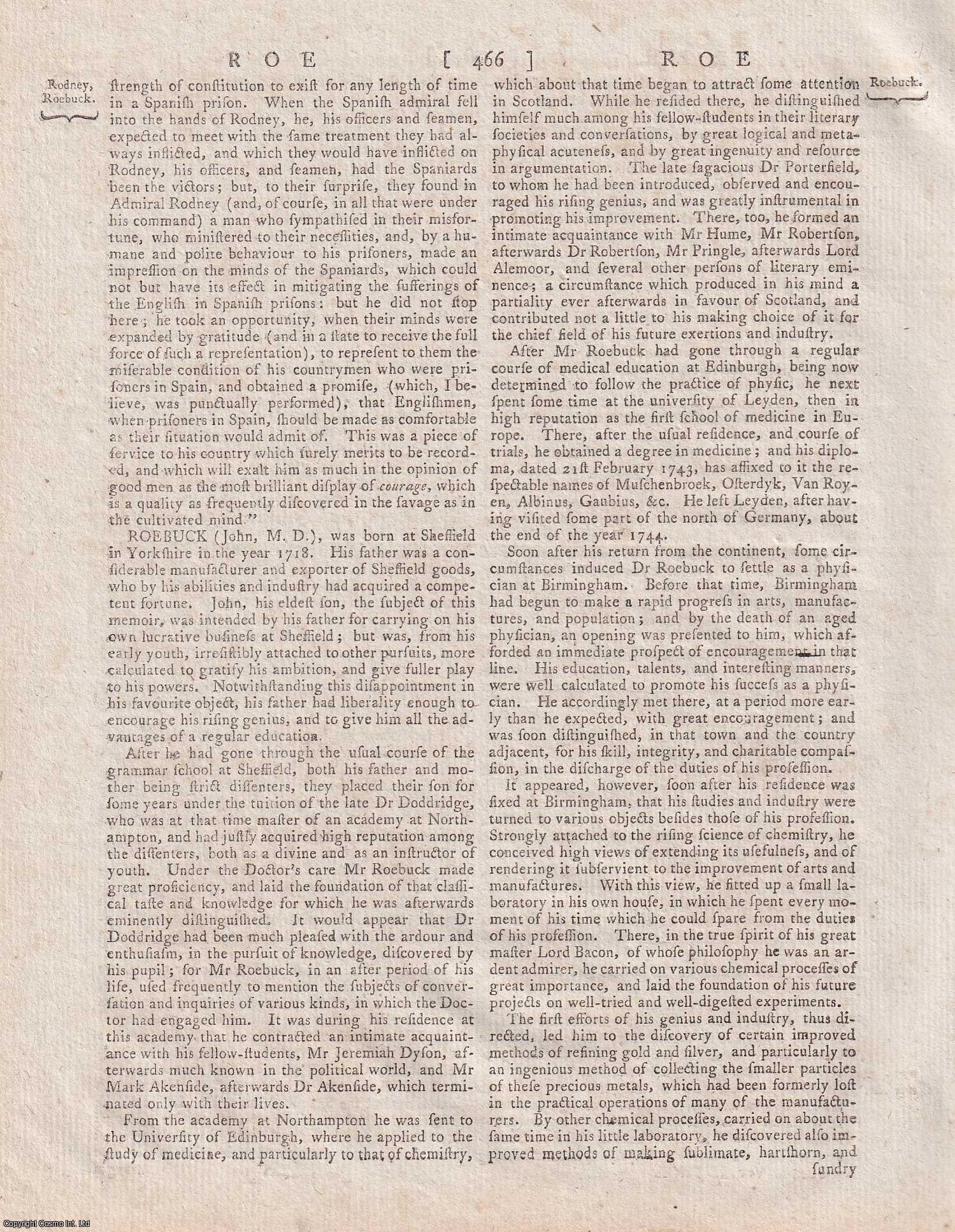 George Gleig (editor) - John Roebuck of Kinneil FRS FRSE (1718 - 1794), Inventor and Industrialist, known for developing the industrial-scale manufacture of sulphuric acid. A rare original article from the Encyclopaedia Britannica, Dublin Edition 1797.