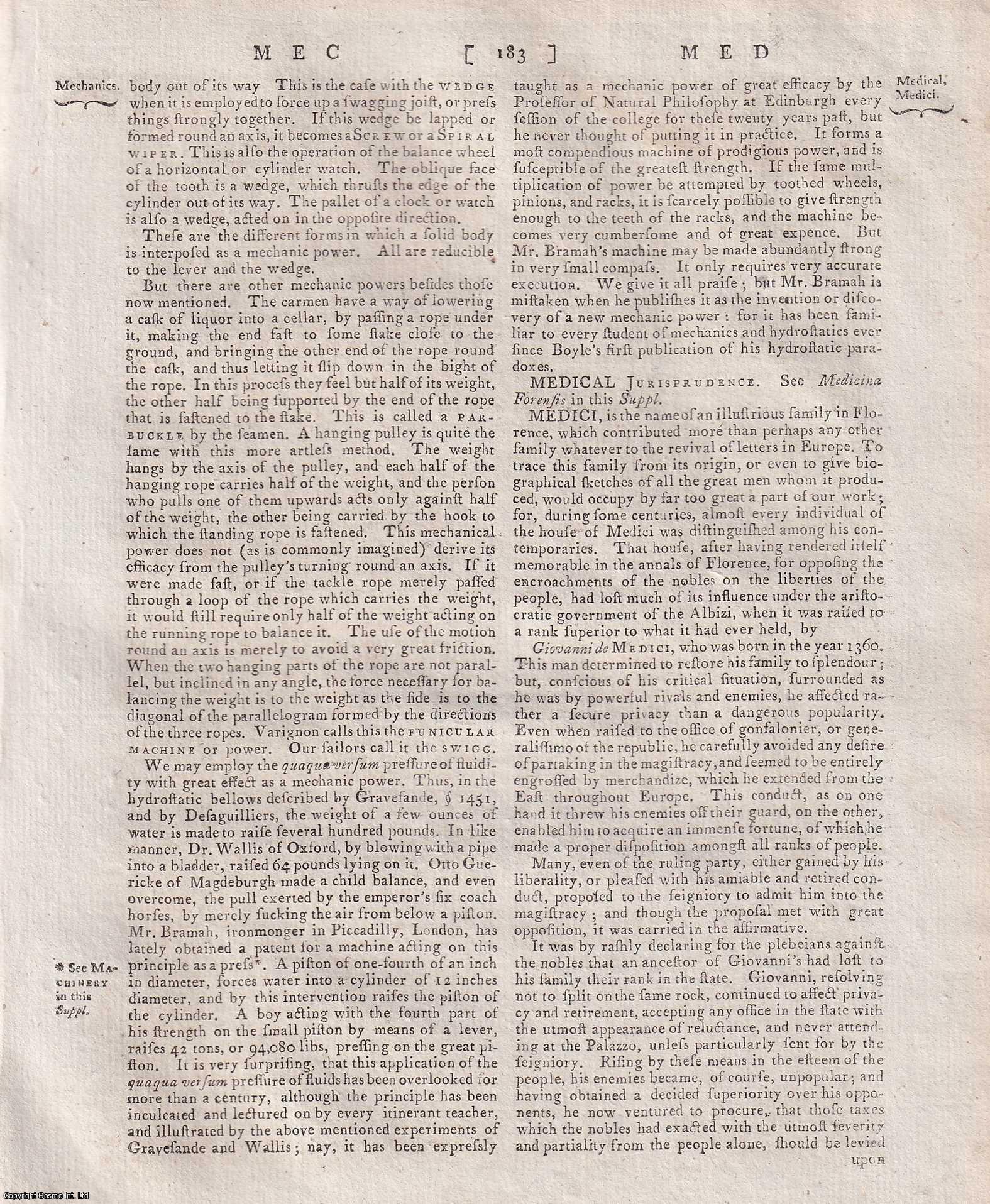 George Gleig (editor) - The Medici, the illustrious Florence family. A rare original article from the Encyclopaedia Britannica, Dublin Edition 1797.