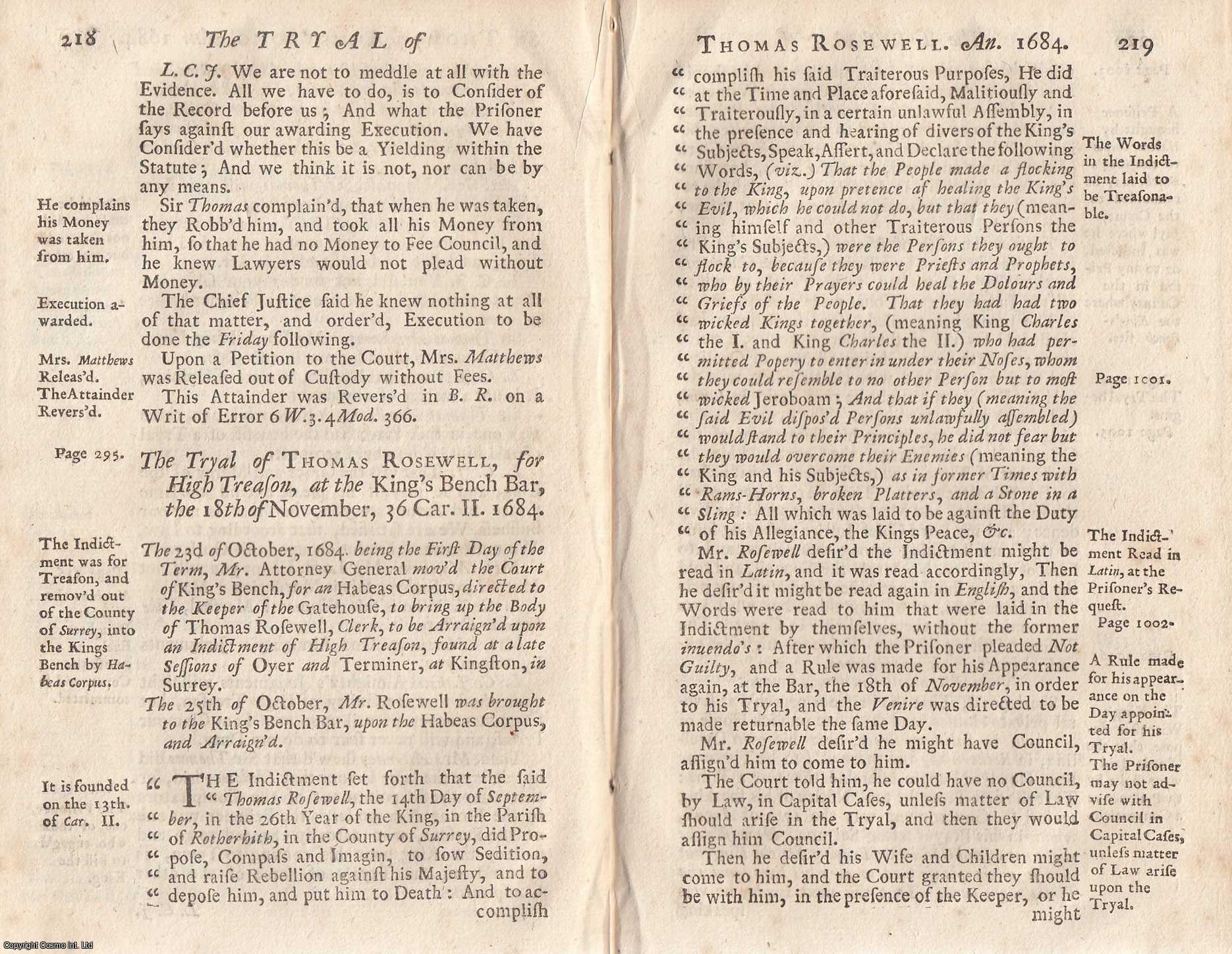 [Trial] - The Trial of Thomas Rosewell, for treasonable Words delivered at a Conventicle, 18th Nov, 1684. An original report from the collected Tryals for High Treason, and Other Crimes, 1720.