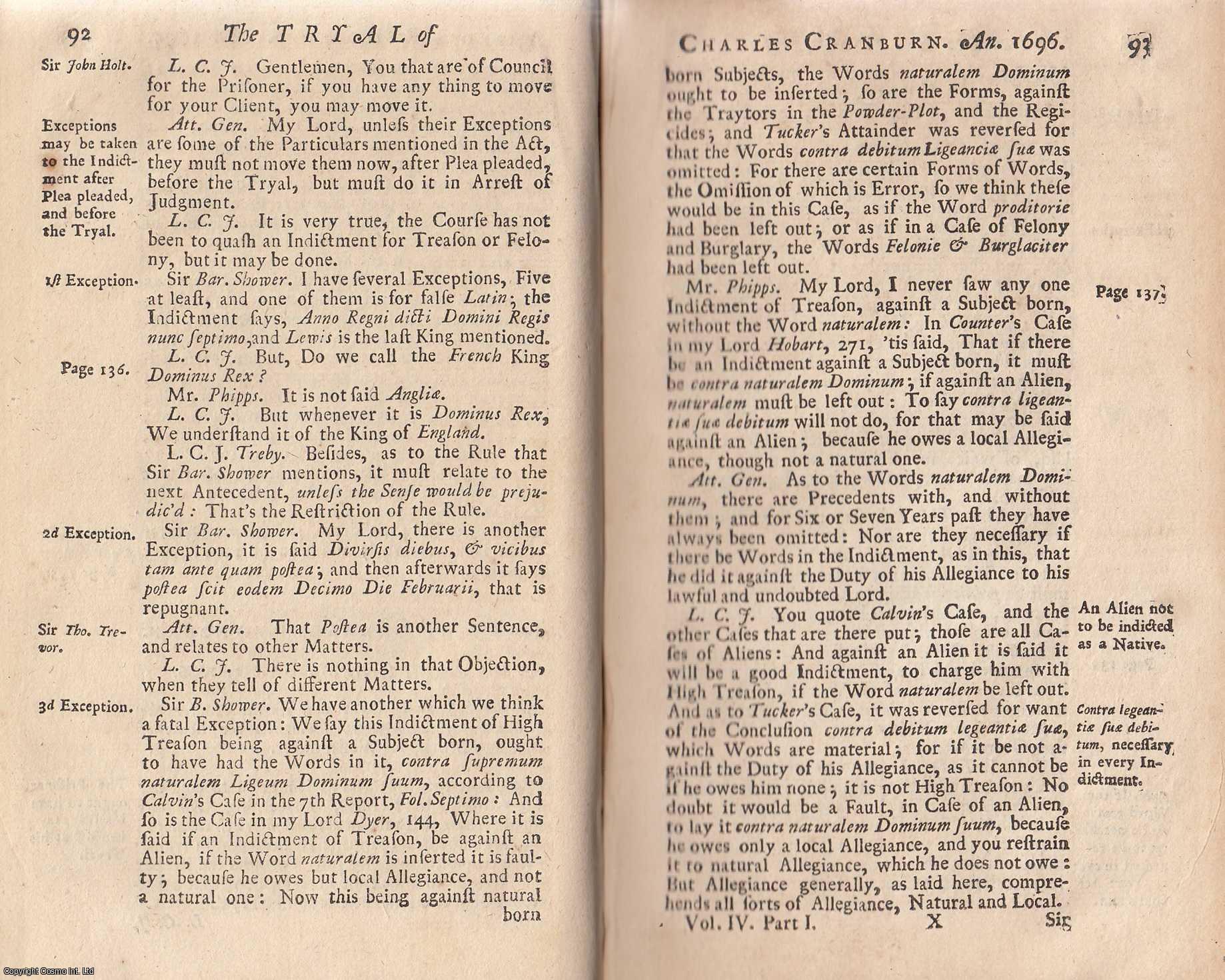 [Trial] - The Trial of Charles Cranburne, for High Treason, April 21, 1696. An original report from the collected Tryals for High Treason, and Other Crimes, 1720.