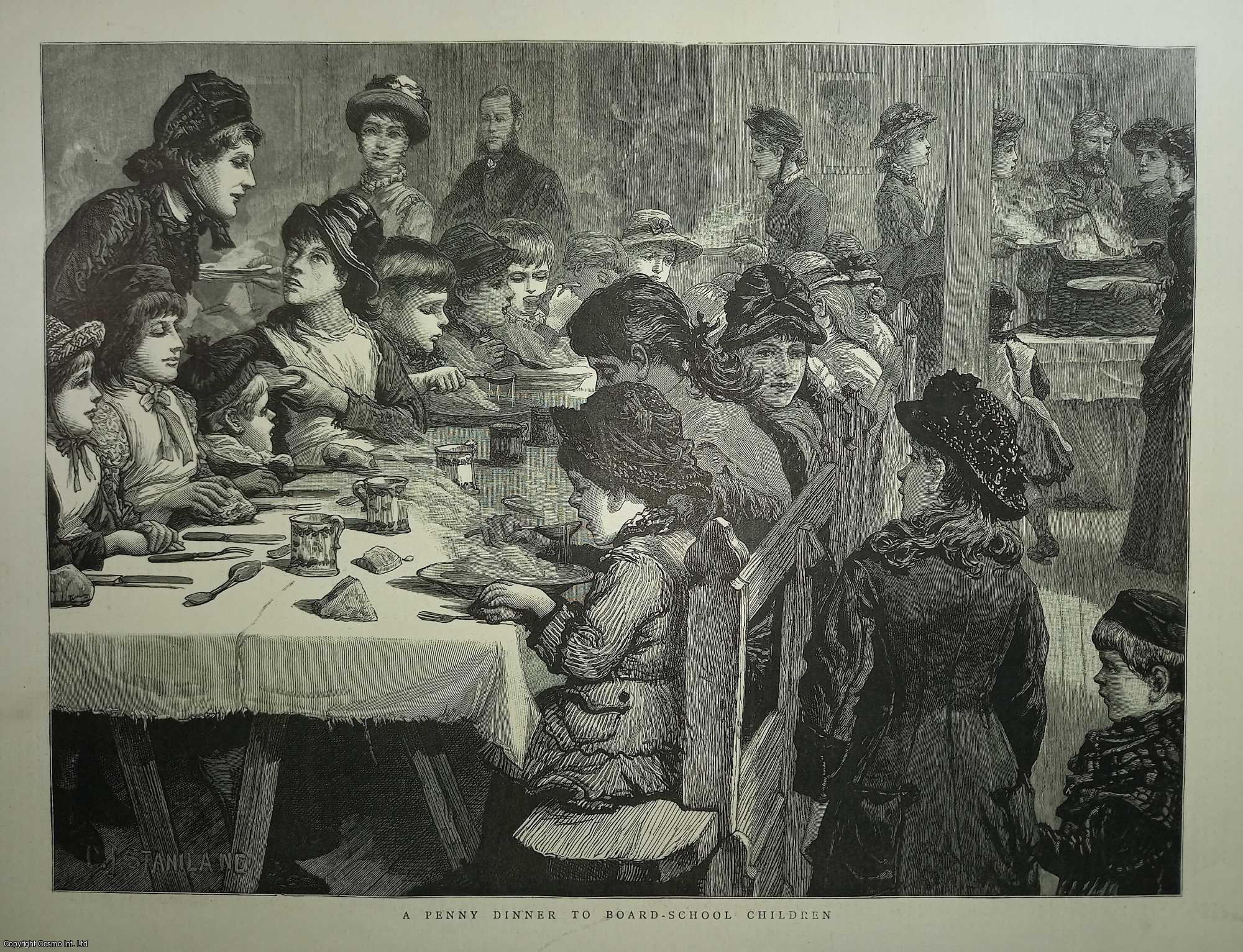 C.J. Staniland, artist - A Penny Dinner to Board School Children. An original print from the Graphic Illustrated Weekly Magazine, 1885.